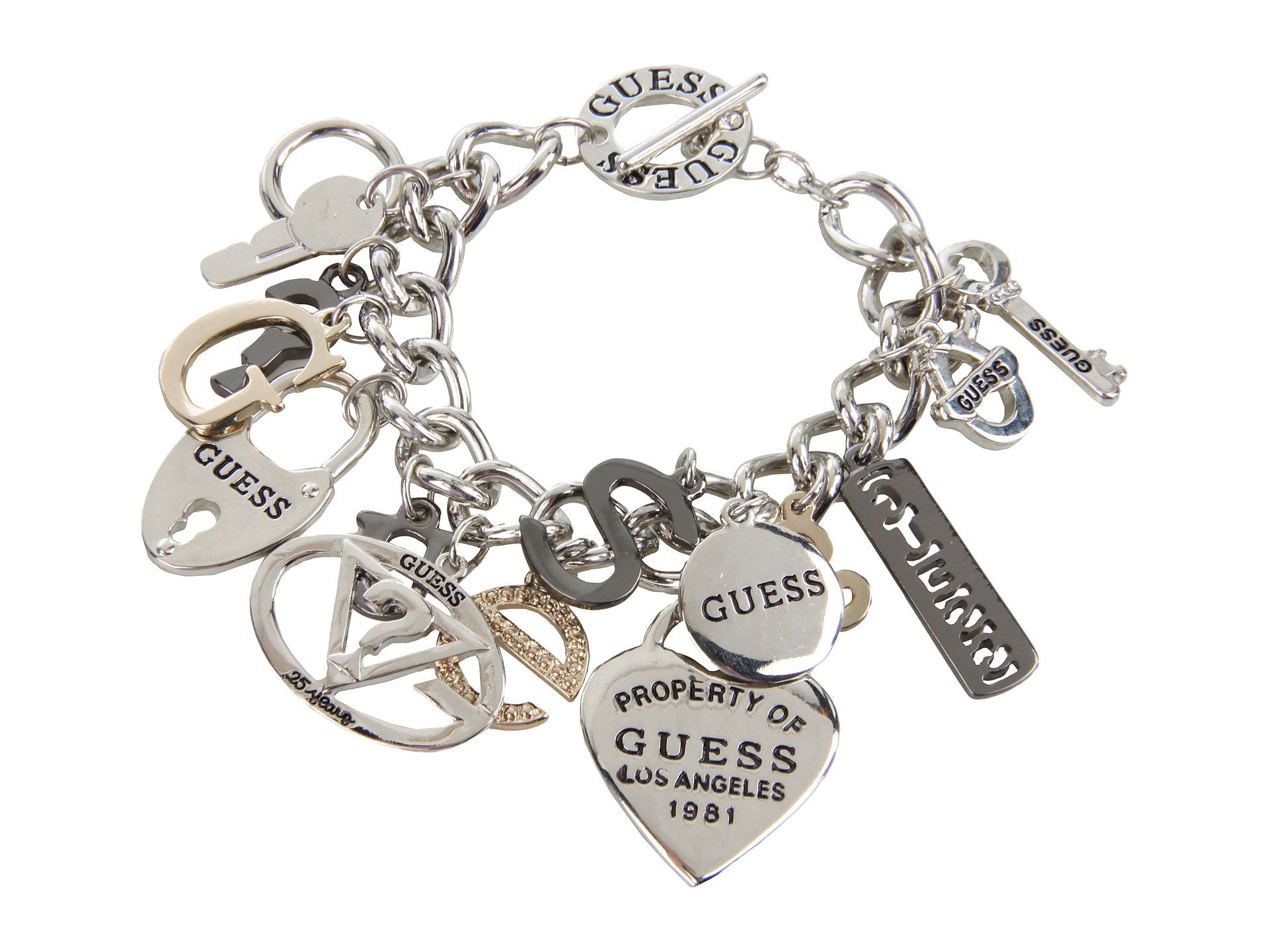 GUESS "Basic" Mixed Metal Logo Charm Toggle Charm Bracelet | Link Bracelet, GUESS Logo Charms, For Women
