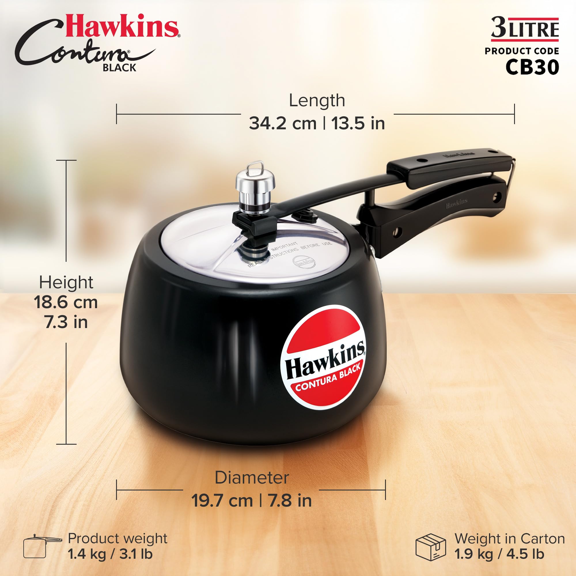 Hawkins 3 Litre Contura Black Pressure Cooker, Hard Anodised Inner Lid Cooker, Handi Cooker, Black (CB30) thumbnail
