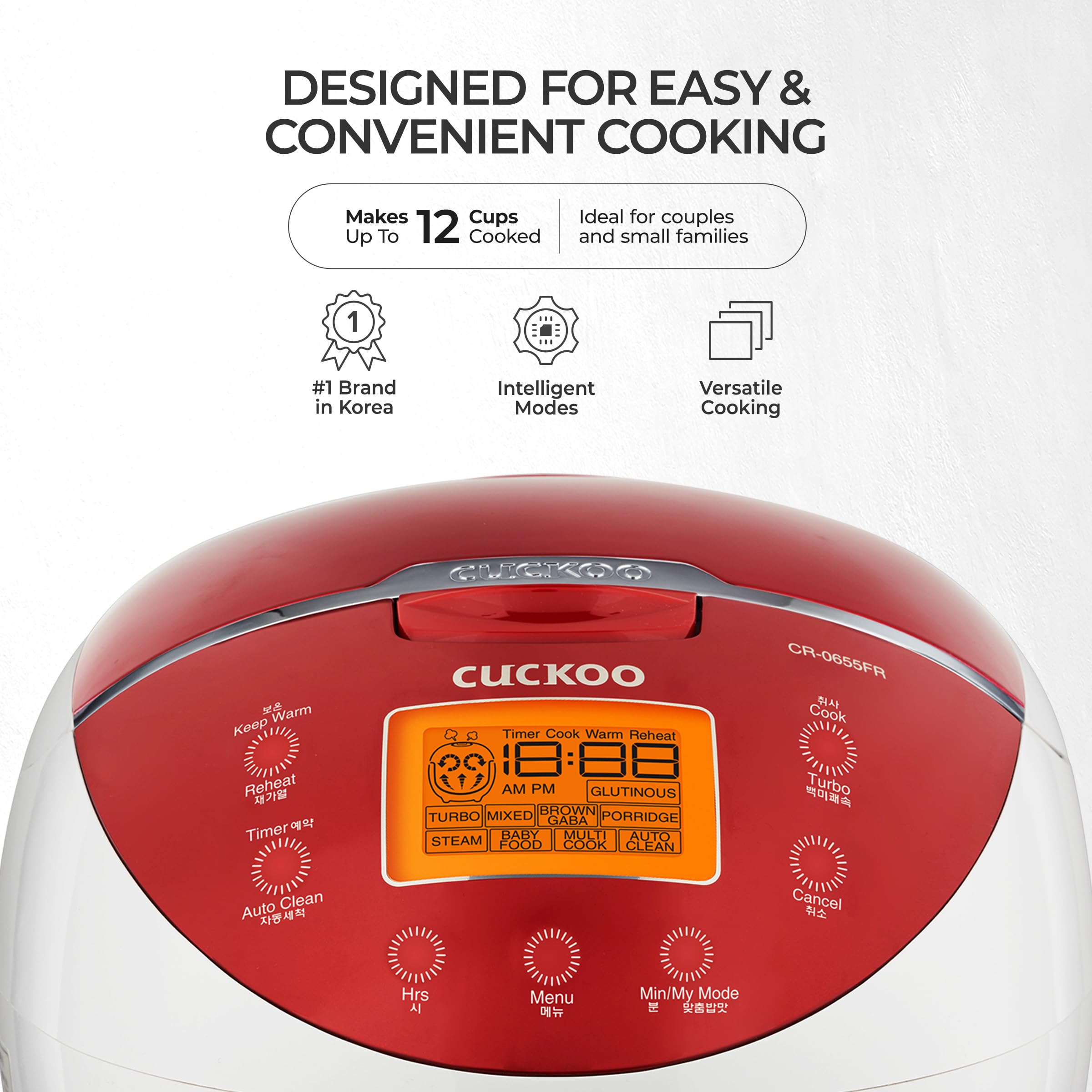 CUCKOO Micom Rice Cooker 6 Cup Uncooked / 12 Cup Cooked, Fuzzy Logic Rice Maker with Delay Timer & Keep Warm Setting, Versatile Food Steamer for Cooking, Non-Stick Inner Pot, Red (CR-0655F) thumbnail