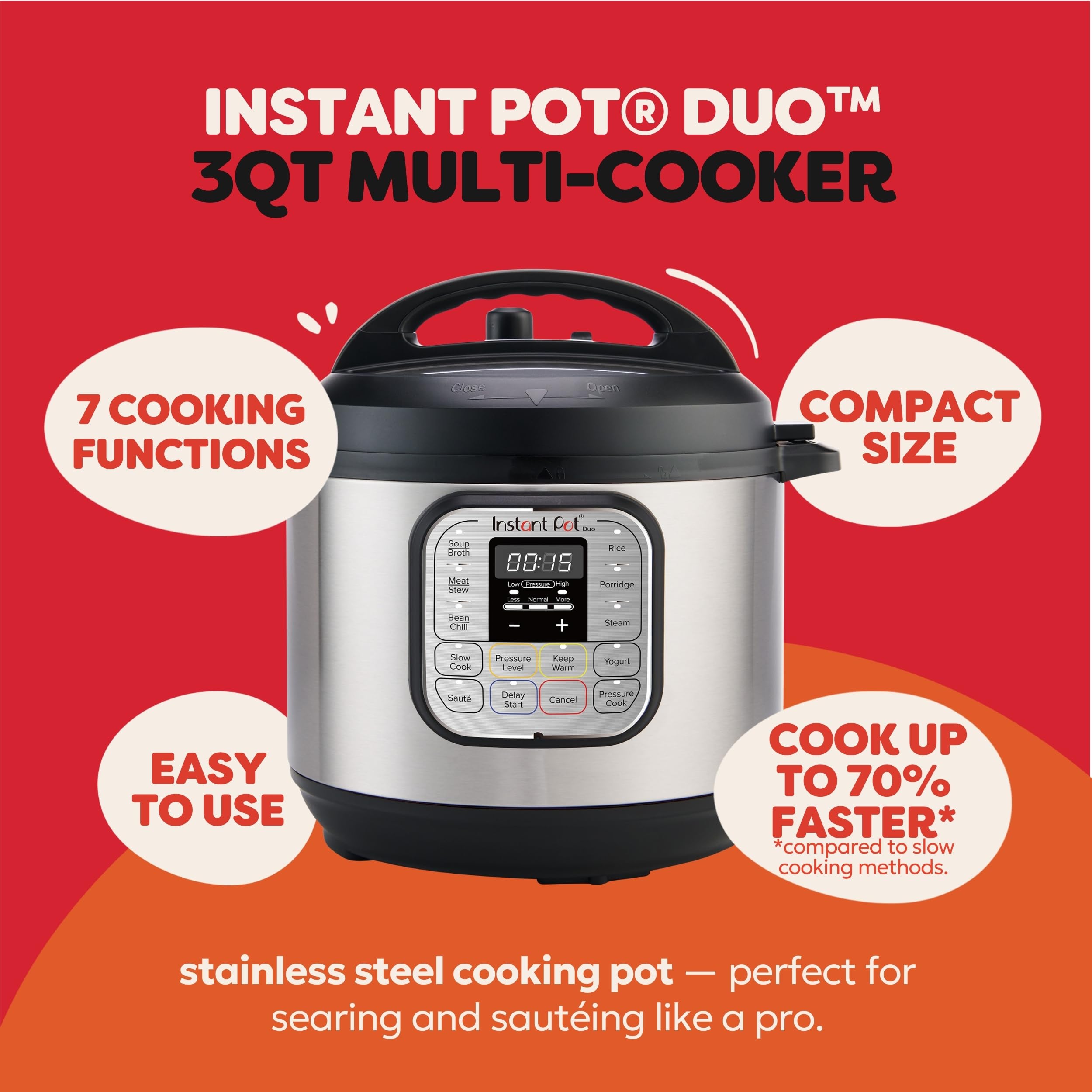 Instant Pot Duo 7-in-1 Mini Electric Pressure Cooker, Slow Rice Cooker, Steamer, Sauté, Yogurt Maker, Warmer & Sterilizer, Includes Free App with over 1900 Recipes, Stainless Steel, 3 Quart thumbnail
