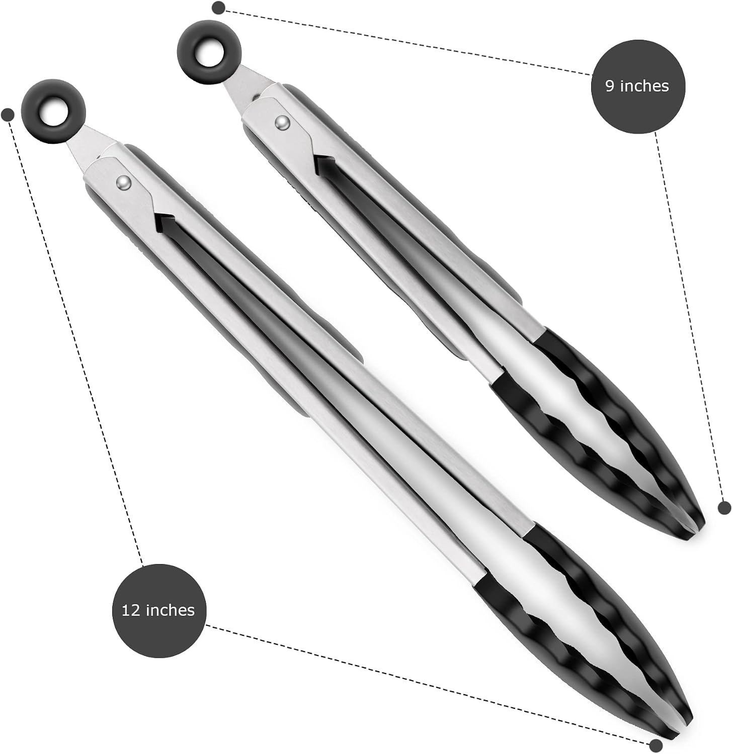 2 Pack Silicone Kitchen Tongs, 9 & 12 Inch, Stainless Steel, Black thumbnail