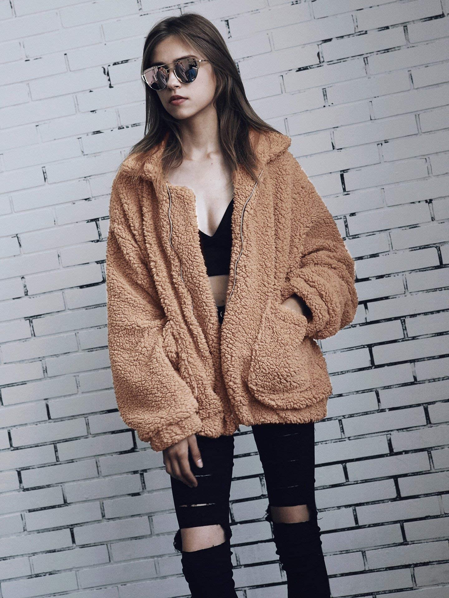 PRETTYGARDEN Women's Oversized Sherpa Fleece Coats | Fuzzy Fluffy Teddy Coat with Pockets, Soft Cozy Faux Fur Jacket, Casual Lapel Collar, Warm Winter Outerwear for Daily Wear thumbnail