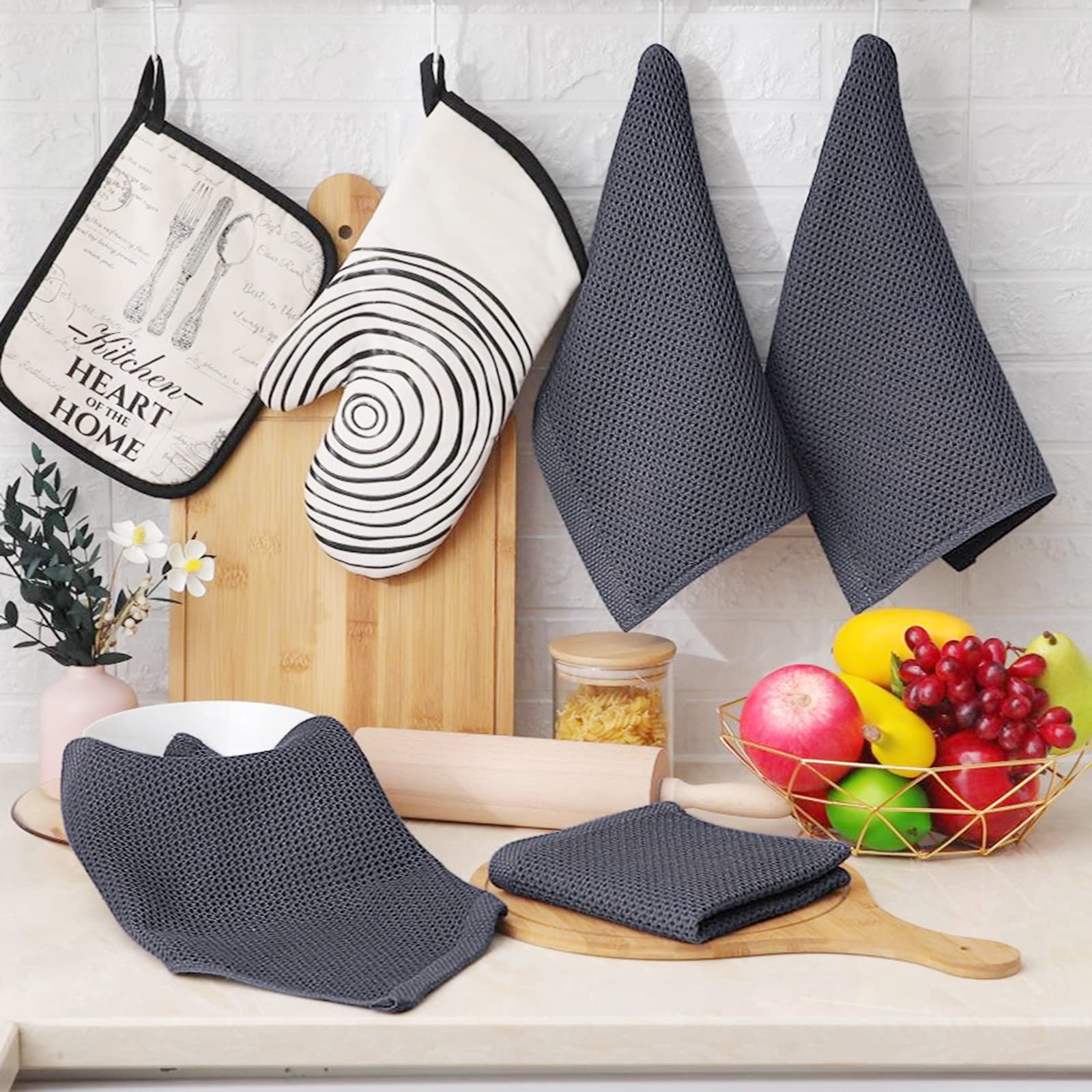 Homaxy 100% Cotton Waffle Weave Kitchen Dish Cloths 6-Pack, Dark Grey thumbnail