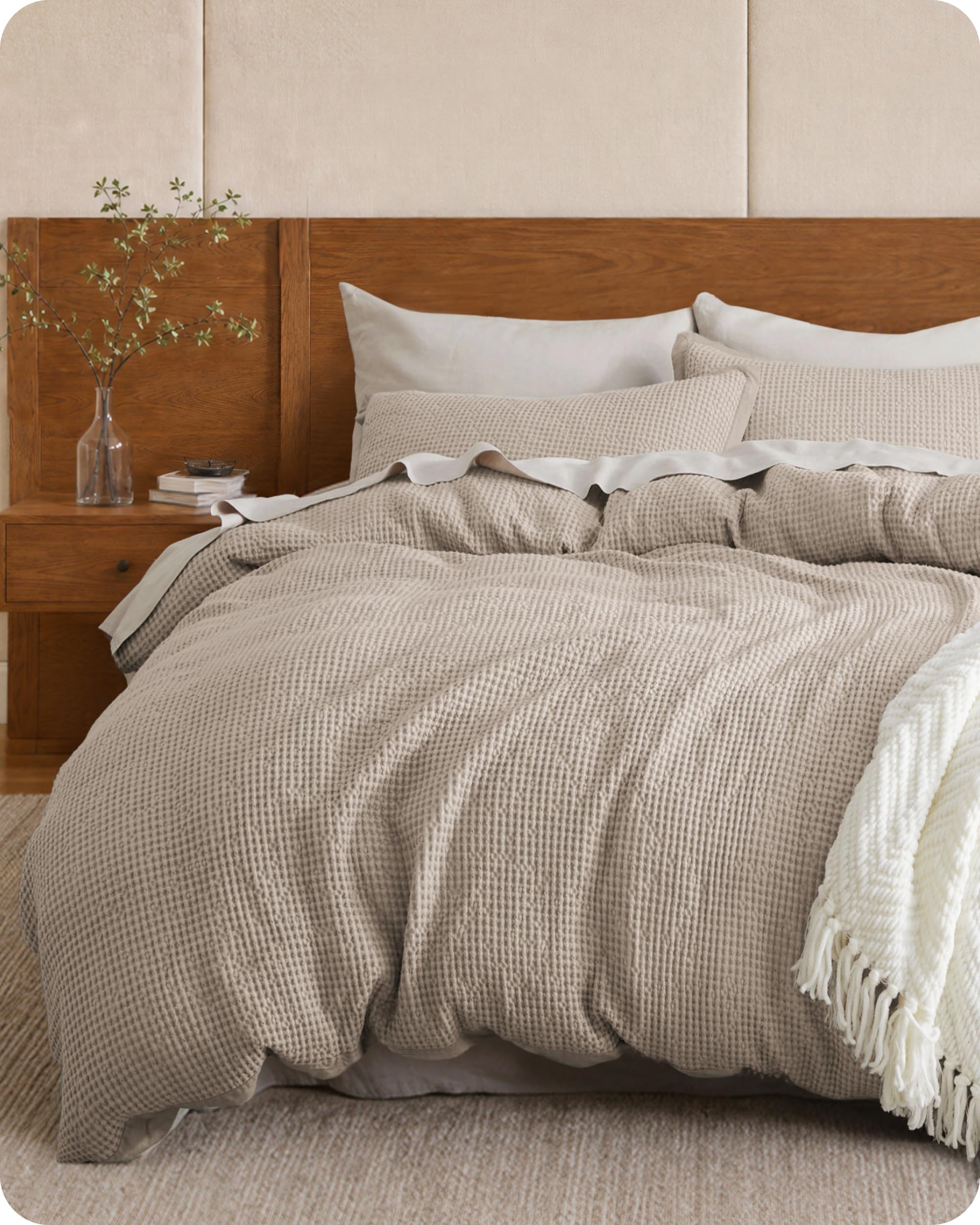 Bedsure PureWoven 3 Pieces 100% Cotton Waffle Duvet Cover Set, Queen, Khaki