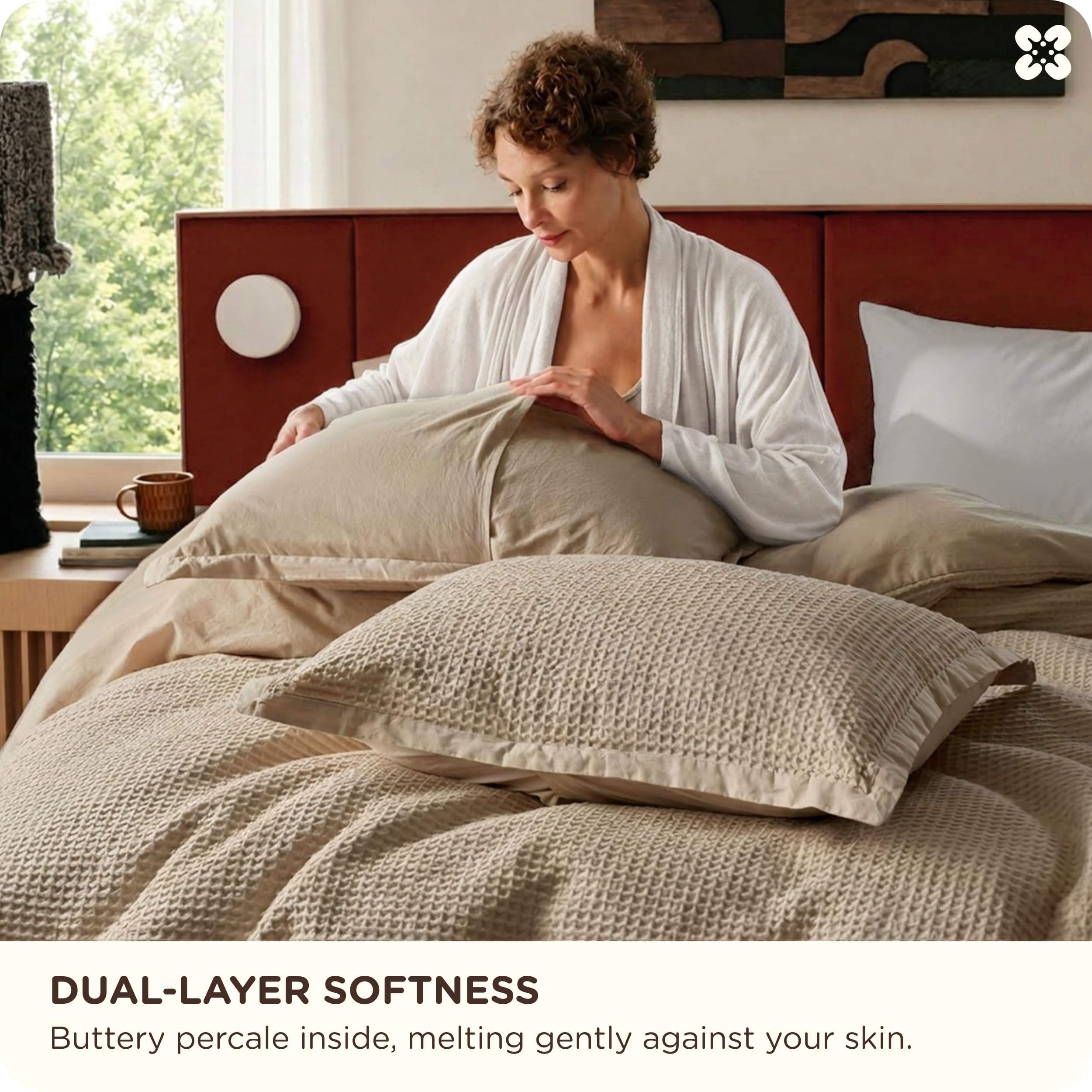 Bedsure PureWoven 3 Pieces 100% Cotton Waffle Duvet Cover Set, Queen, Khaki thumbnail