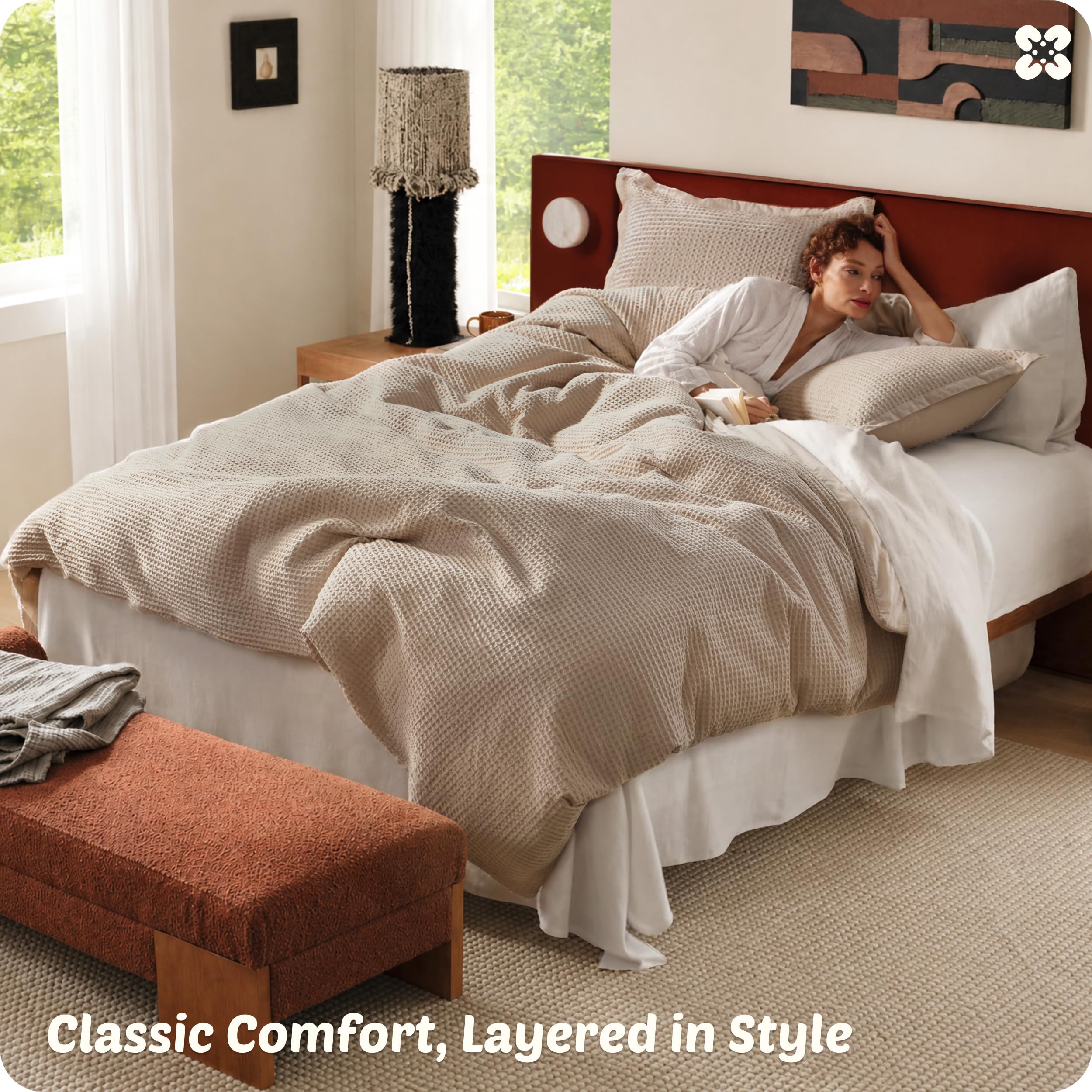 Bedsure PureWoven 3 Pieces 100% Cotton Waffle Duvet Cover Set, Queen, Khaki thumbnail