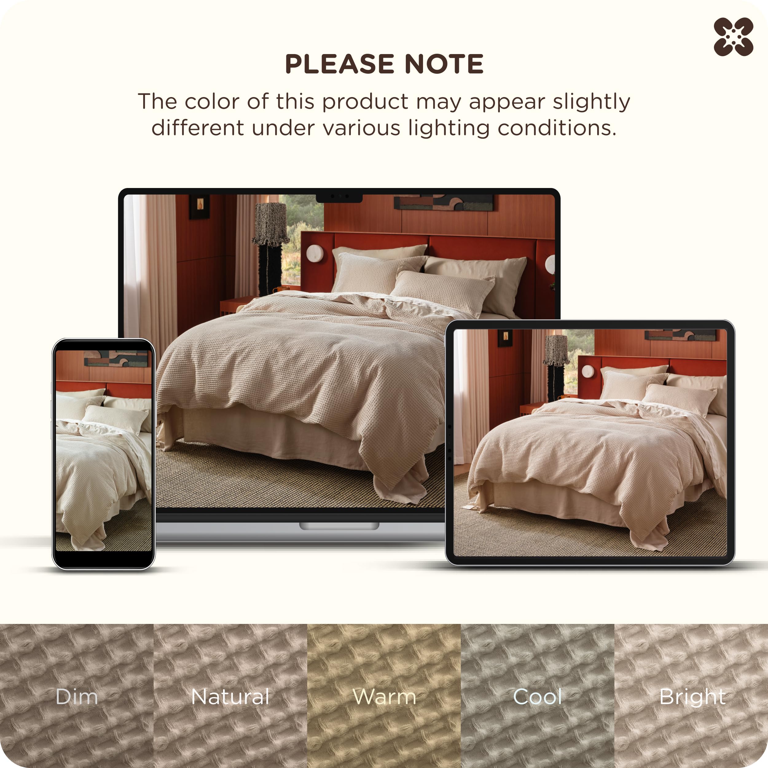 Bedsure PureWoven 3 Pieces 100% Cotton Waffle Duvet Cover Set, Queen, Khaki thumbnail