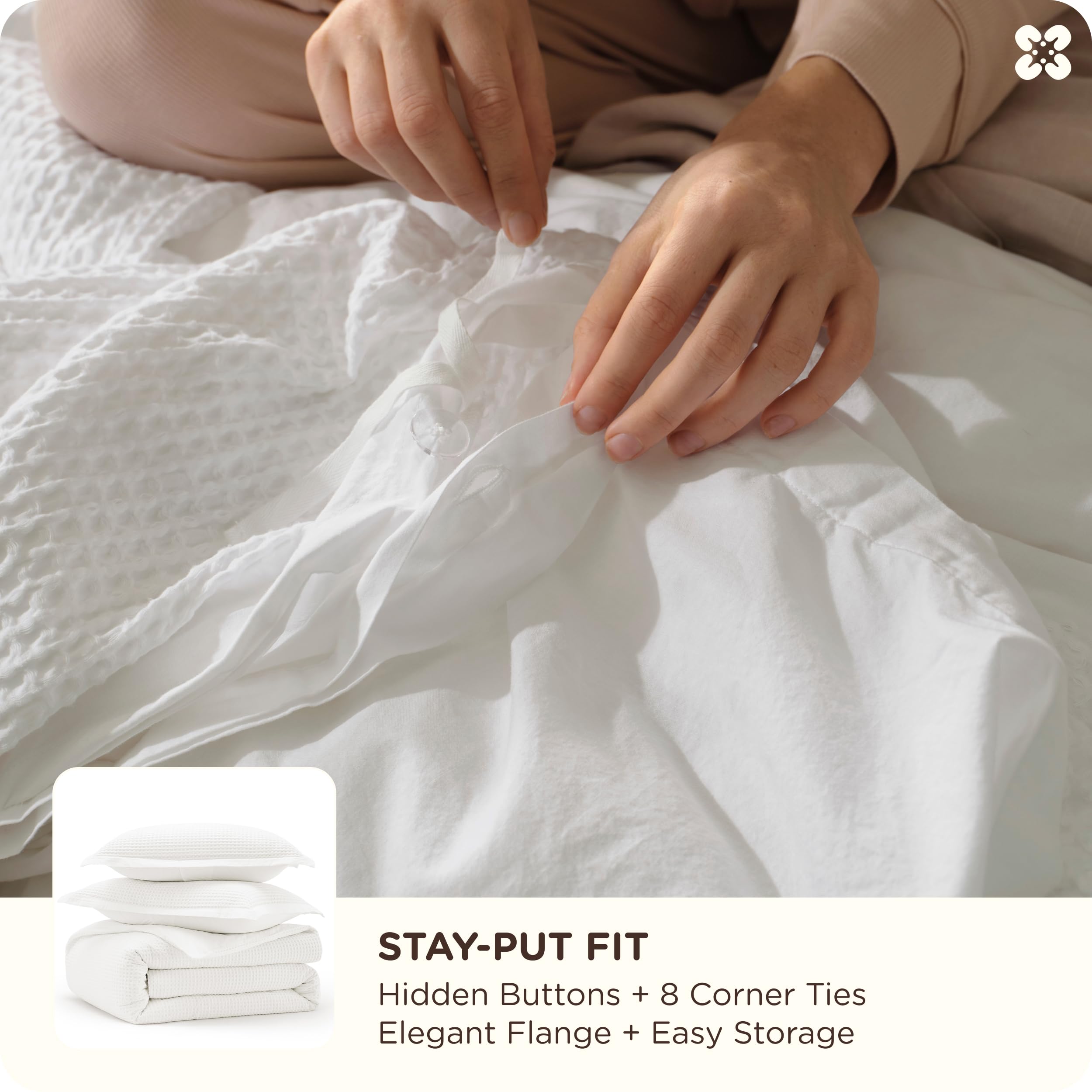 Bedsure PureWoven 3 Pieces 100% Cotton Waffle Duvet Cover Set, Queen, White thumbnail