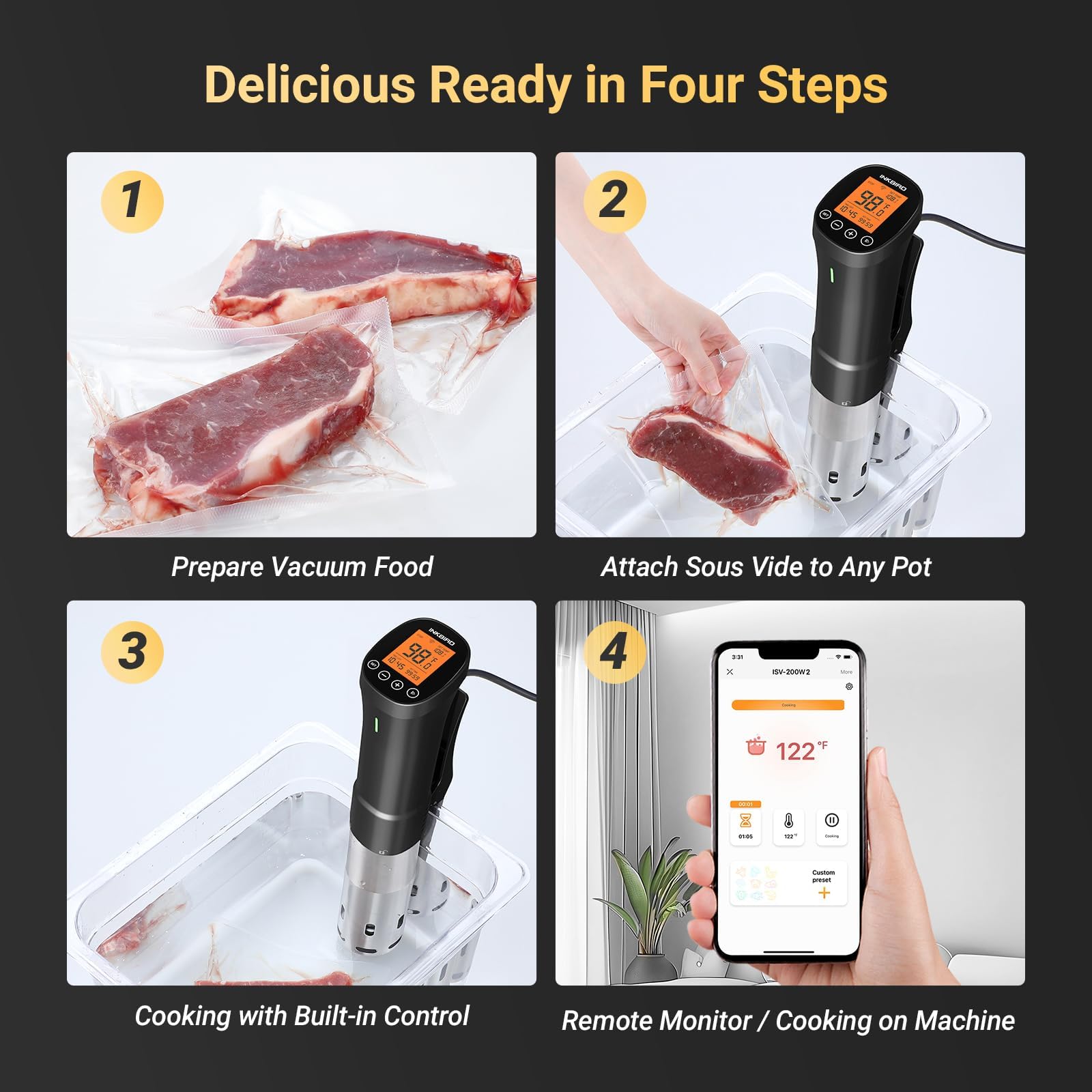 INKBIRD 2.4G Wifi Sous Vide Cooker ISV-200W 1000W Sous Vide w/APP Recipes,Remote Control Immersion Circulator with Free APP, Timer Alarm Mobile Notification 3D Water Fast Heating, Ultra-Quiet thumbnail