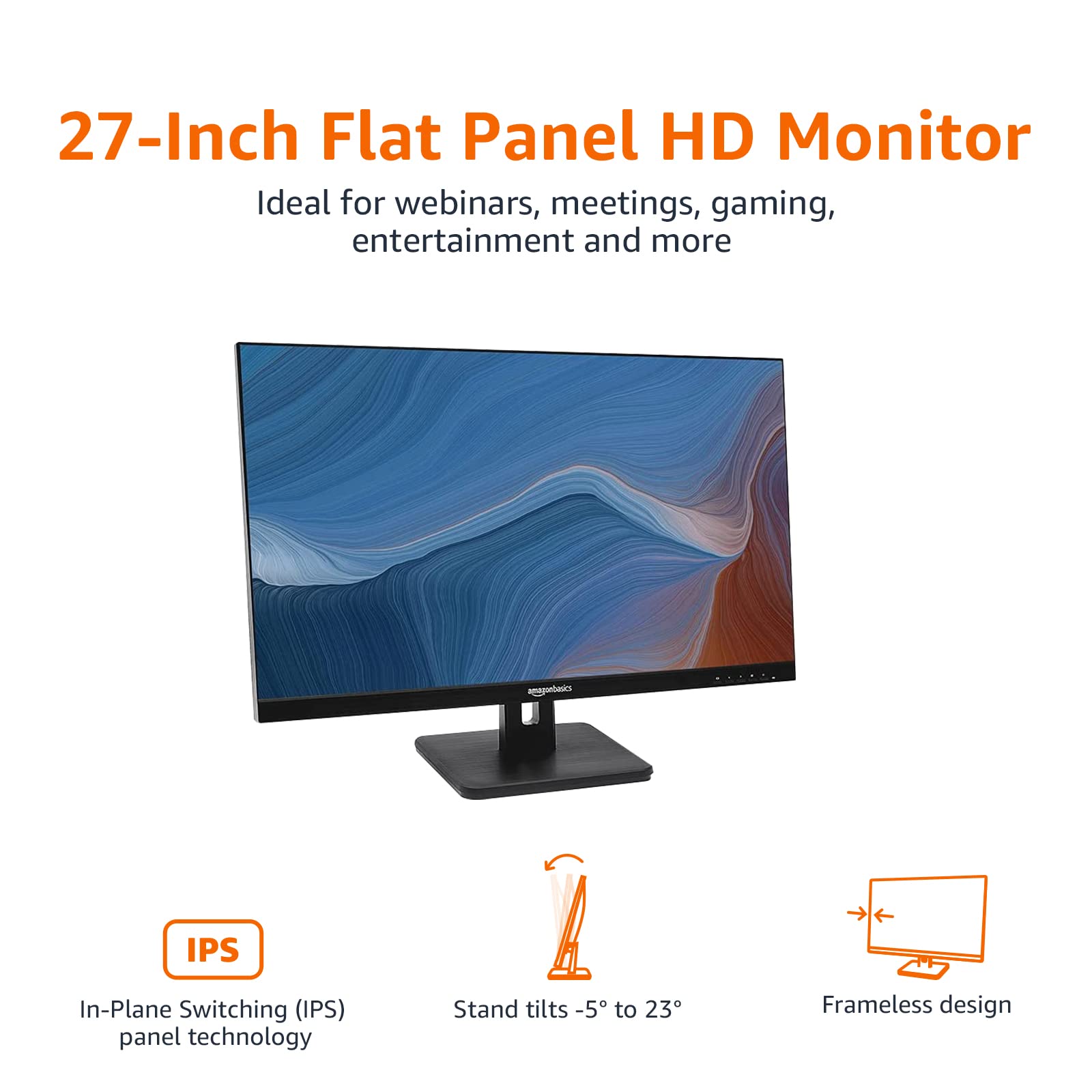 Amazon Basics 27 in IPS Monitor, Full HD 1080P, 75 Hz, Adjustable Stand, HDMI, Display Port, VGA Input, Built-in Speakers, VESA Compatible, Black thumbnail