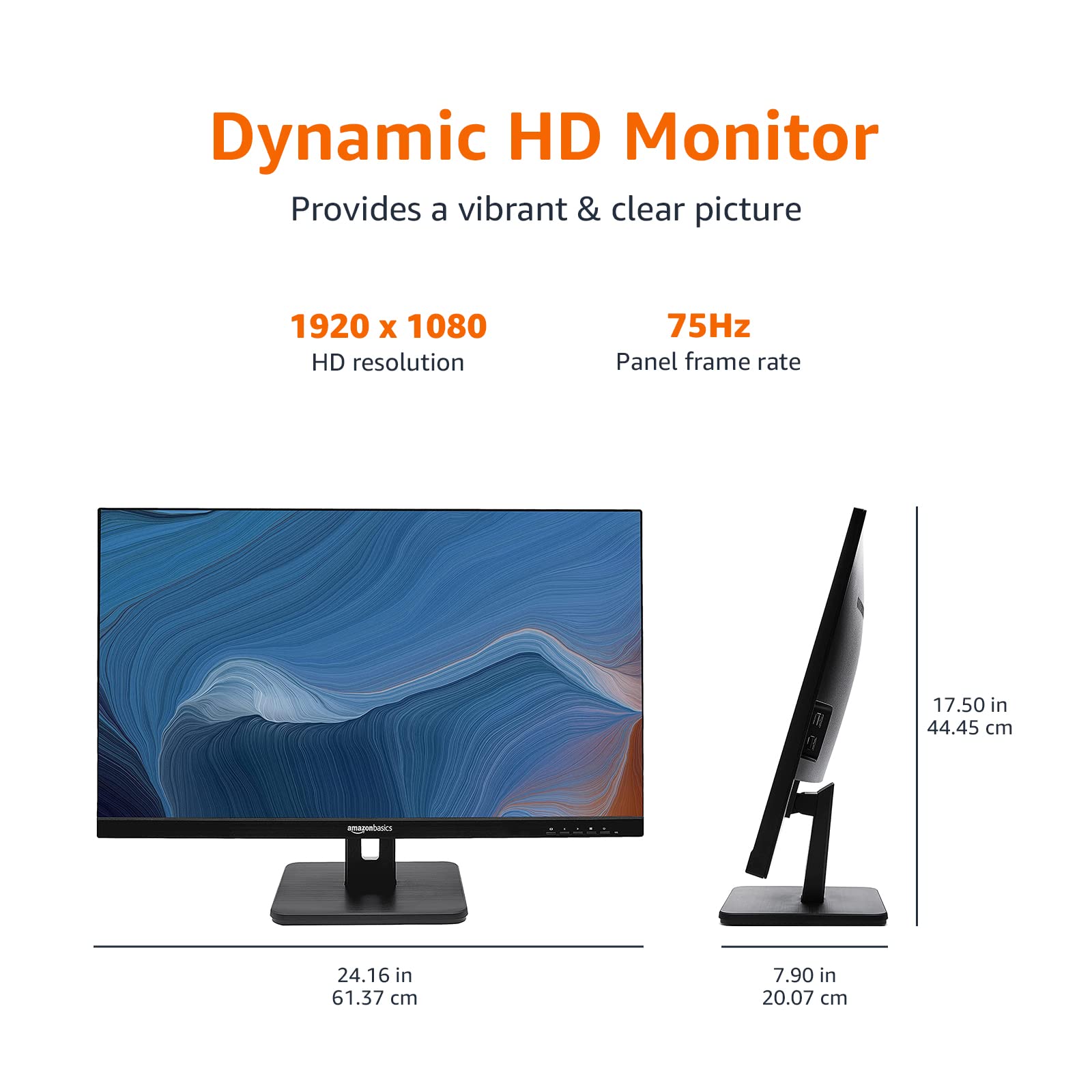 Amazon Basics 27 in IPS Monitor, Full HD 1080P, 75 Hz, Adjustable Stand, HDMI, Display Port, VGA Input, Built-in Speakers, VESA Compatible, Black thumbnail