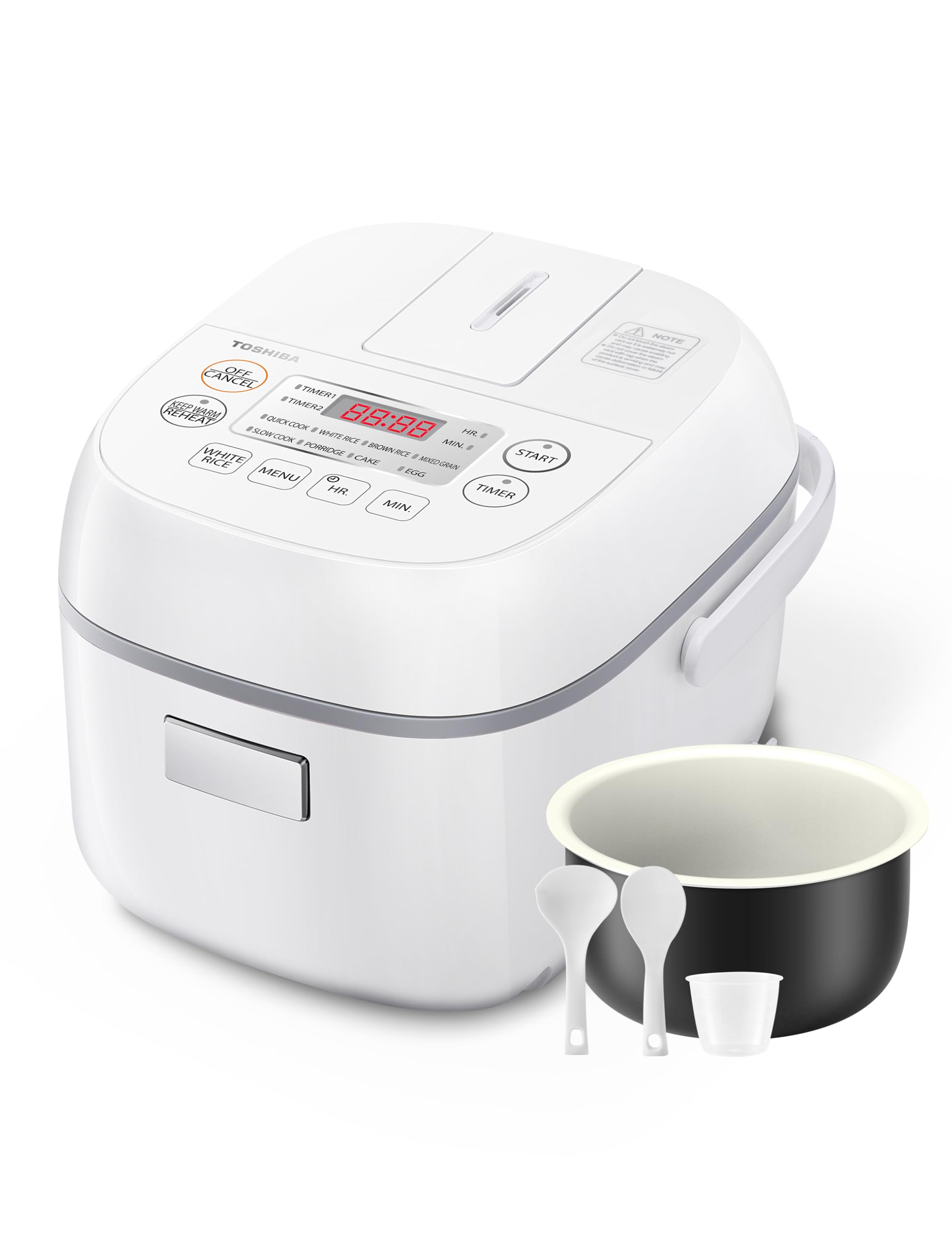 Toshiba Mini Rice Cooker, 3 Cups Uncooked, for 1-3 People, Steamer and Warmer, Fuzzy Logic, One-Touch Cooking, 24-Hour Delay Timer, Auto Keep Warm, White
