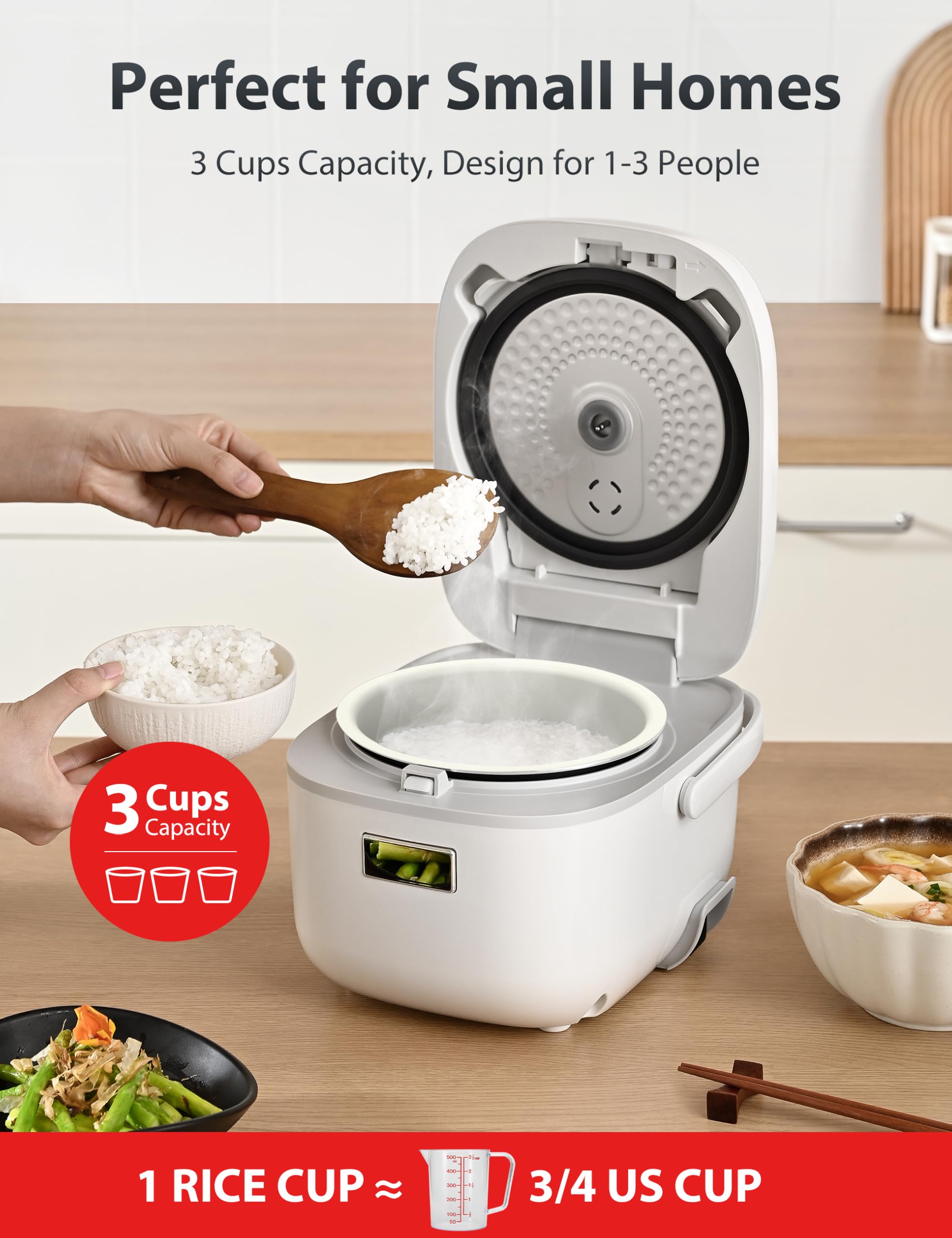 Toshiba Mini Rice Cooker, 3 Cups Uncooked, for 1-3 People, Steamer and Warmer, Fuzzy Logic, One-Touch Cooking, 24-Hour Delay Timer, Auto Keep Warm, White thumbnail