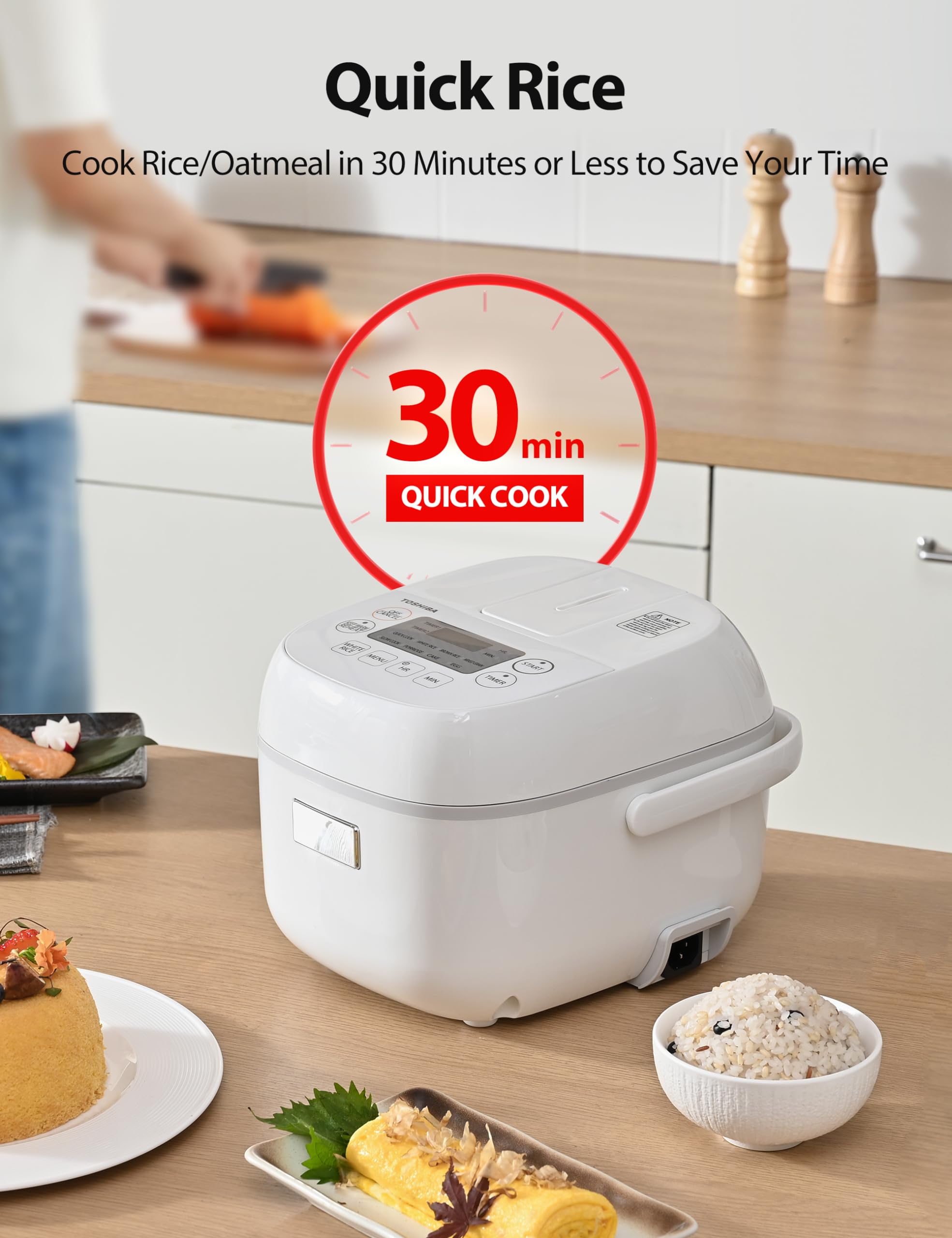 Toshiba Mini Rice Cooker, 3 Cups Uncooked, for 1-3 People, Steamer and Warmer, Fuzzy Logic, One-Touch Cooking, 24-Hour Delay Timer, Auto Keep Warm, White thumbnail