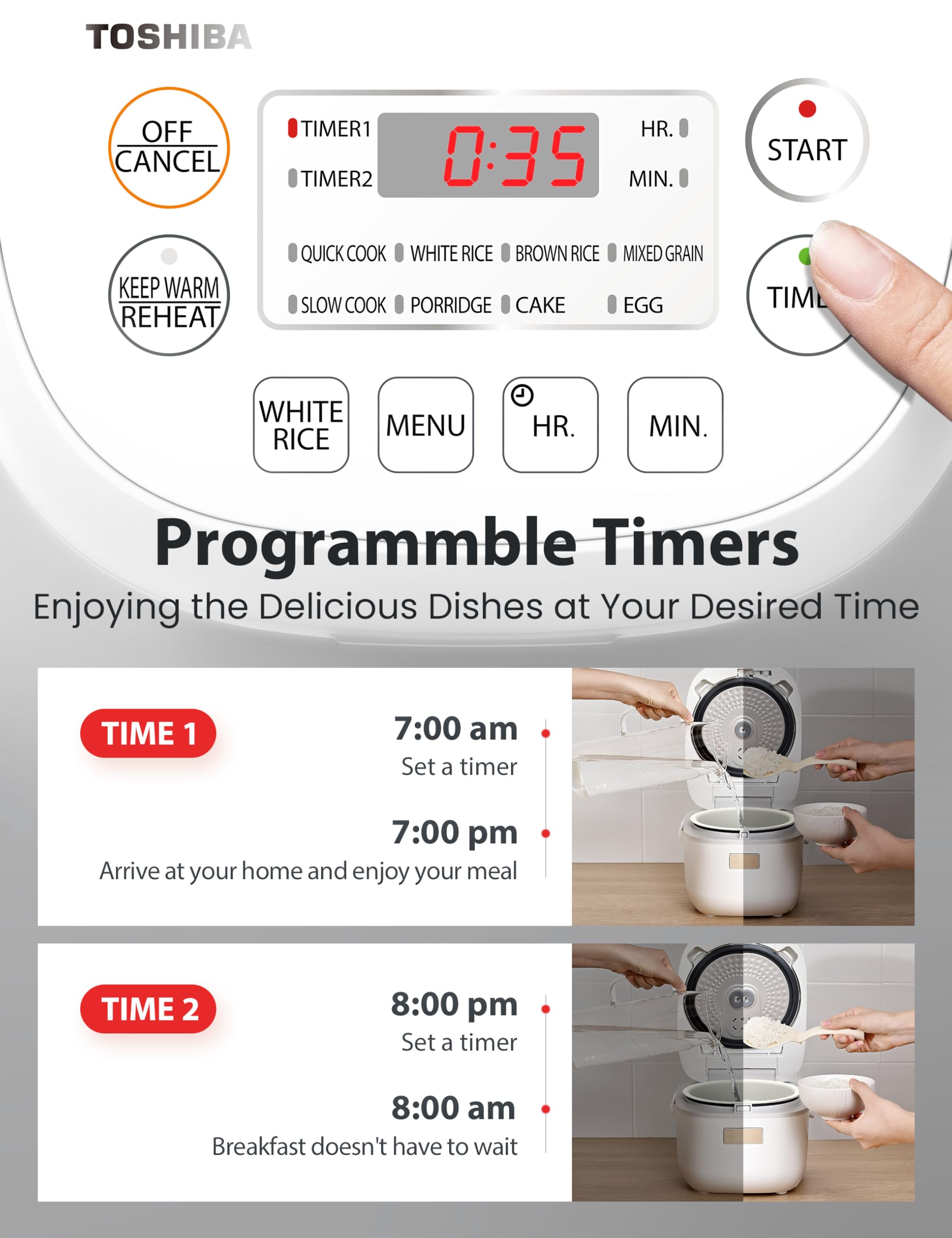 Toshiba Mini Rice Cooker, 3 Cups Uncooked, for 1-3 People, Steamer and Warmer, Fuzzy Logic, One-Touch Cooking, 24-Hour Delay Timer, Auto Keep Warm, White thumbnail