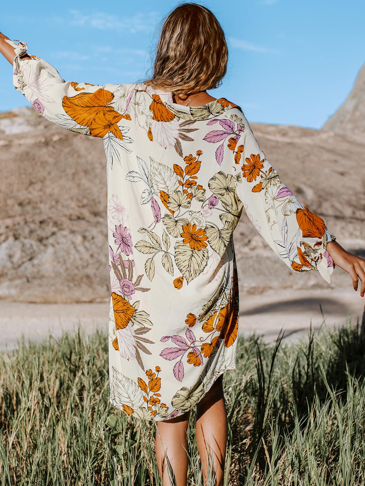 CUPSHE Women Mini Summer Dress Cover Up Oversize Floral Shirt 3/4 Sleeve Cuff Tie Button Down Beach Dresses Cover Up Top thumbnail