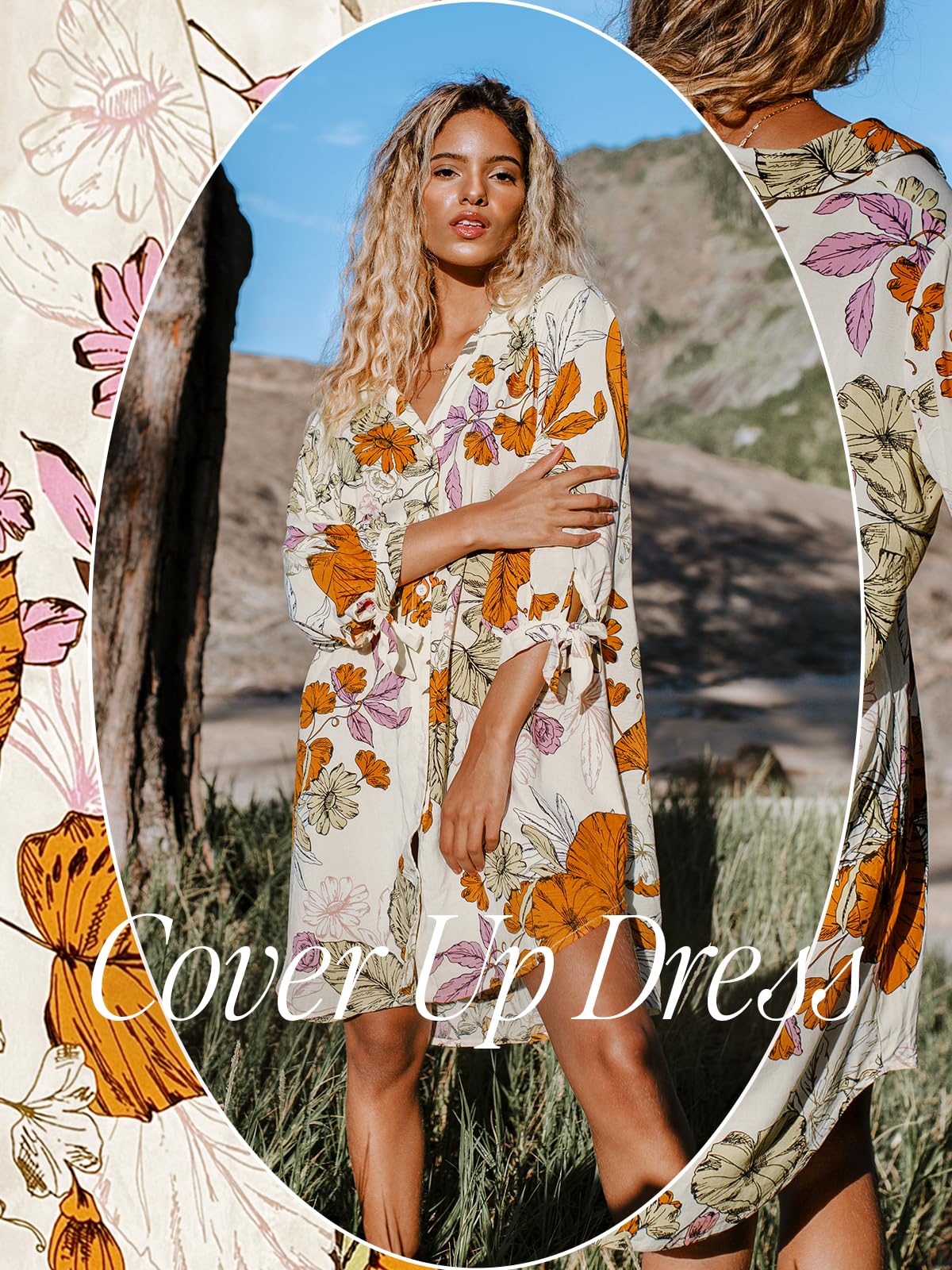 CUPSHE Women Mini Summer Dress Cover Up Oversize Floral Shirt 3/4 Sleeve Cuff Tie Button Down Beach Dresses Cover Up Top thumbnail