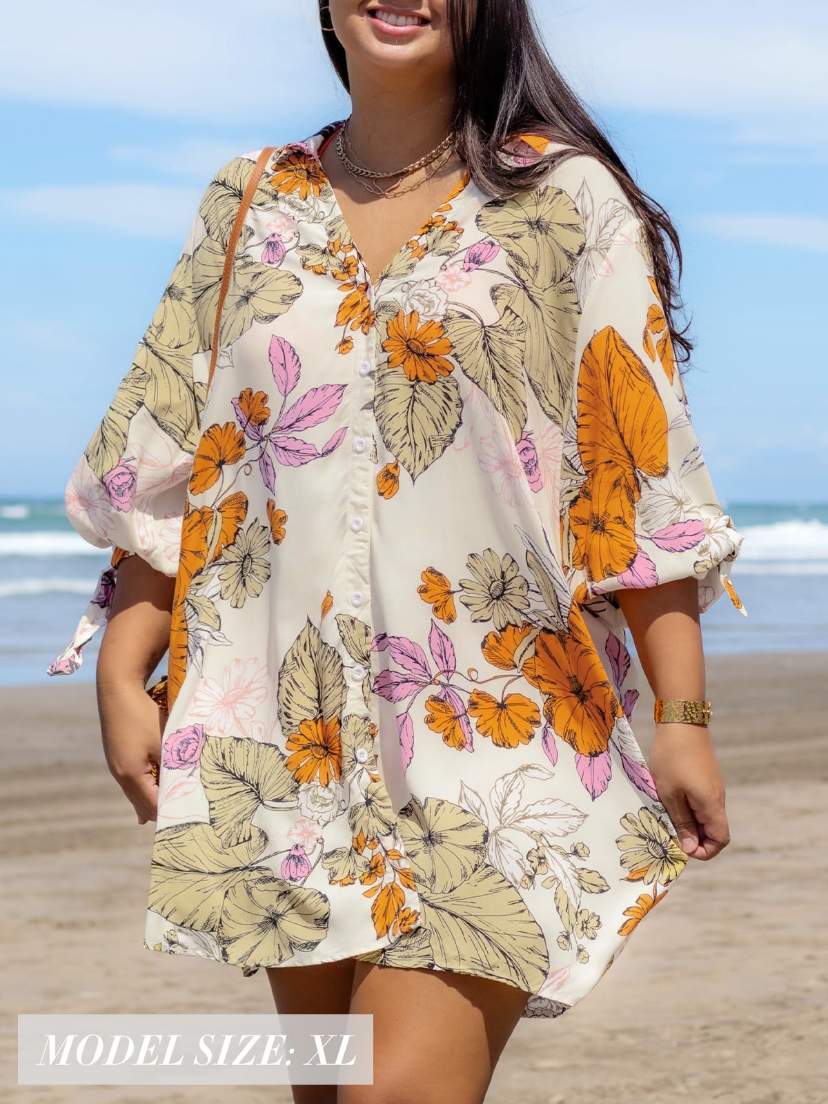CUPSHE Women Mini Summer Dress Cover Up Oversize Floral Shirt 3/4 Sleeve Cuff Tie Button Down Beach Dresses Cover Up Top thumbnail