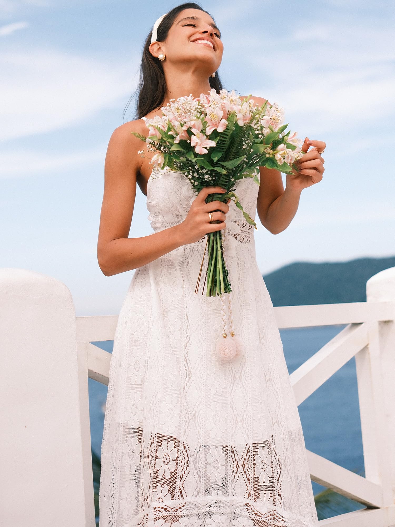 CUPSHE Maxi Summer Dress for Women Lace V Neck Sleeveless Sundress Boho Crochet Tassel Flowy Beach Vacation Graduation Dress thumbnail