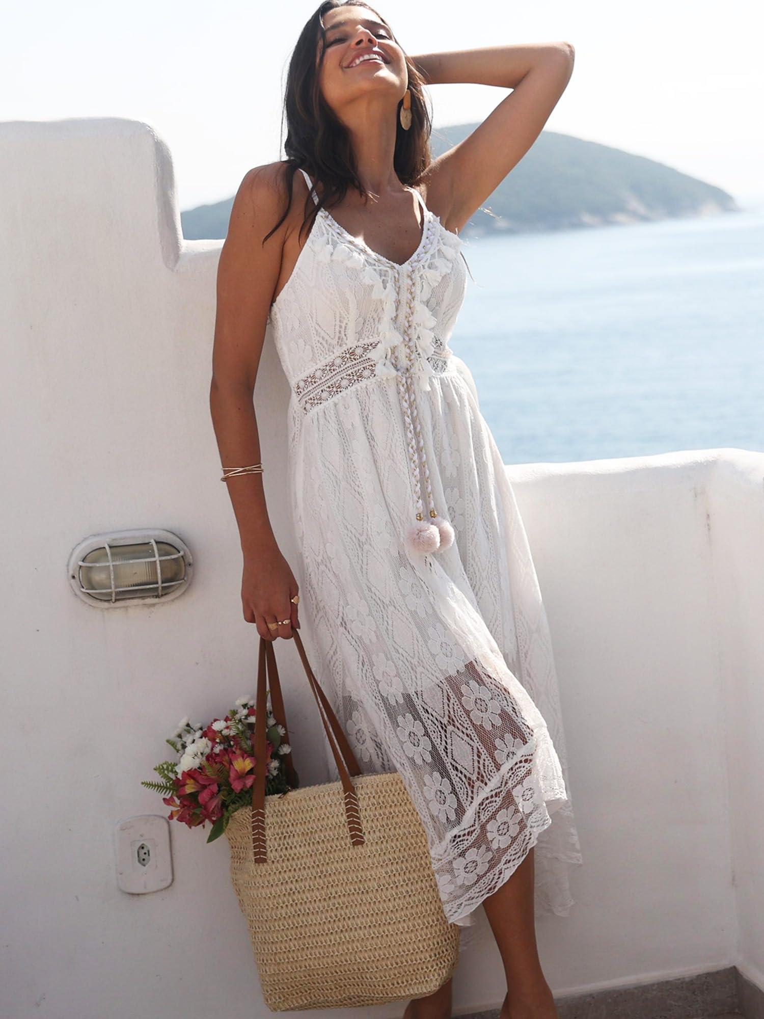 CUPSHE Maxi Summer Dress for Women Lace V Neck Sleeveless Sundress Boho Crochet Tassel Flowy Beach Vacation Graduation Dress thumbnail