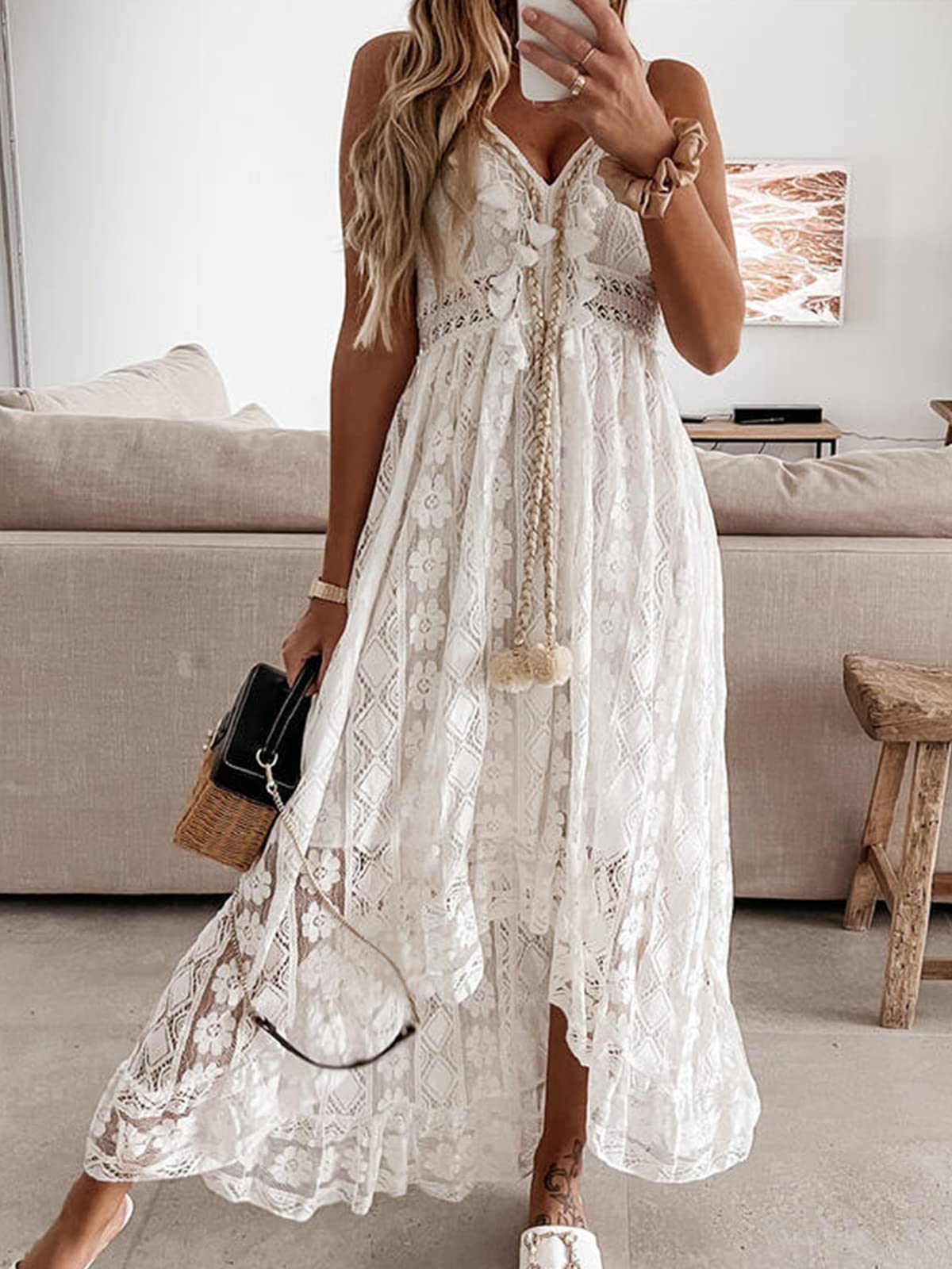 CUPSHE Maxi Summer Dress for Women Lace V Neck Sleeveless Sundress Boho Crochet Tassel Flowy Beach Vacation Graduation Dress thumbnail