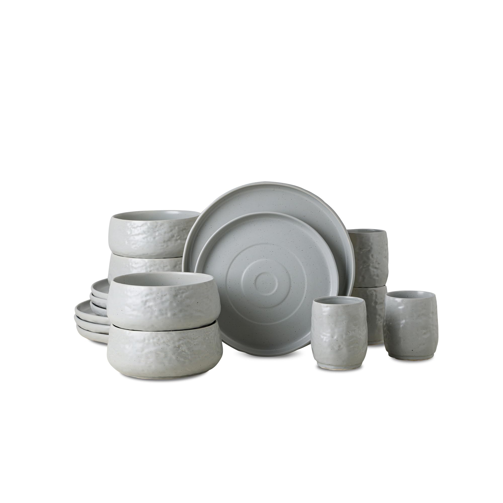 Stone by Mercer Project SHOSAI 16-Piece Stoneware Dinnerware Set, Plates and Bowls Set, Modern Dishware set fo 4, Grey Speckled