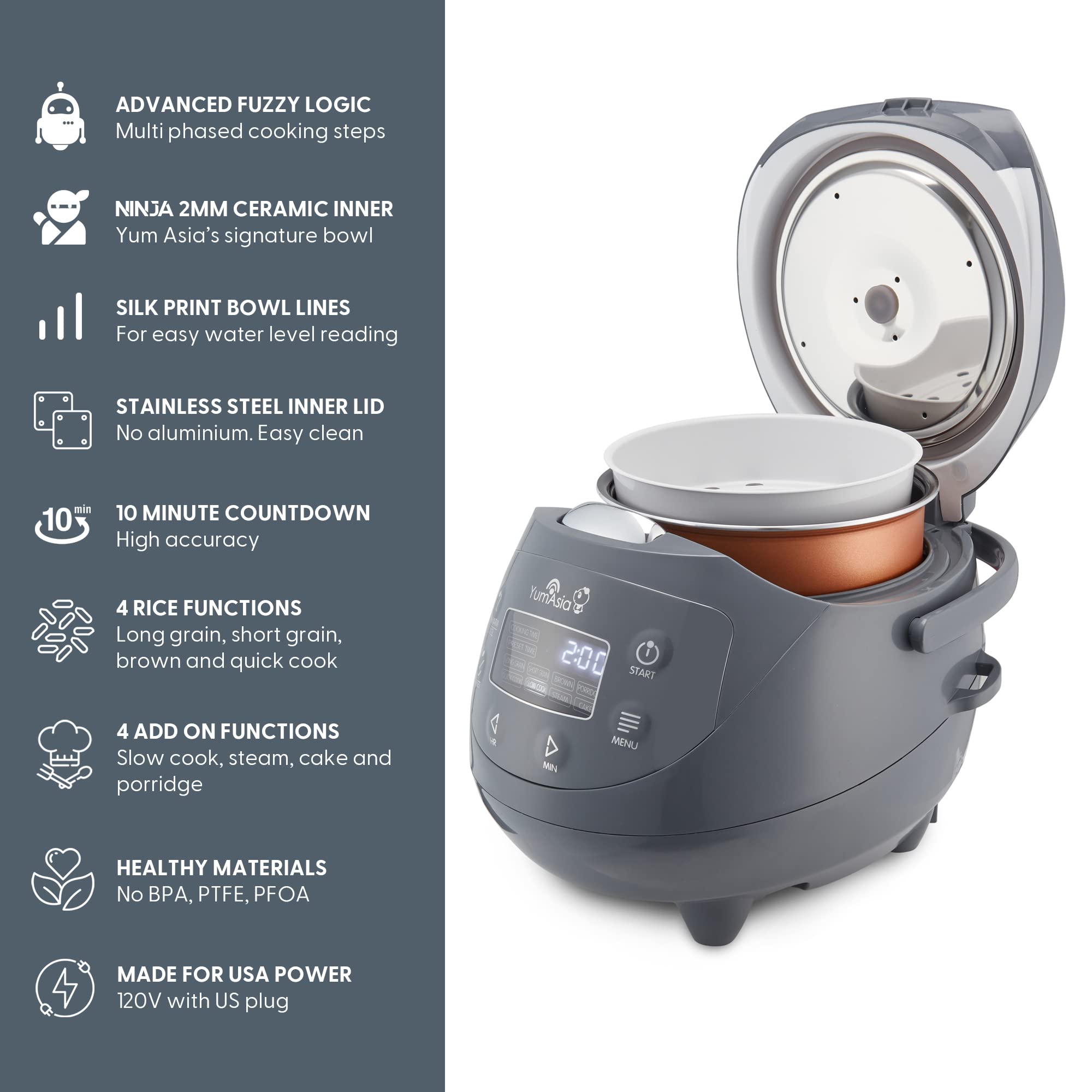 Yum Asia Panda Mini Rice Cooker With Ninja Ceramic Bowl and Advanced Fuzzy Logic (3.5 cup, 0.63 litre) 4 Rice Cooking Functions, 4 Multicooker functions, Digital LED display - 120V thumbnail