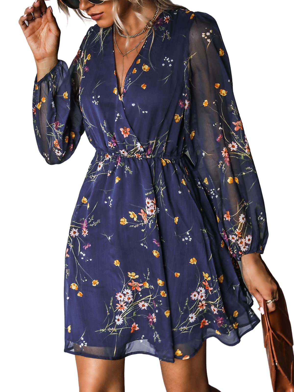 CUPSHE Women's Summer Mini Dress 2026 Floral Long Sleeve V Neck Flowy A Line Wedding Guest Party Short Date Night Looks