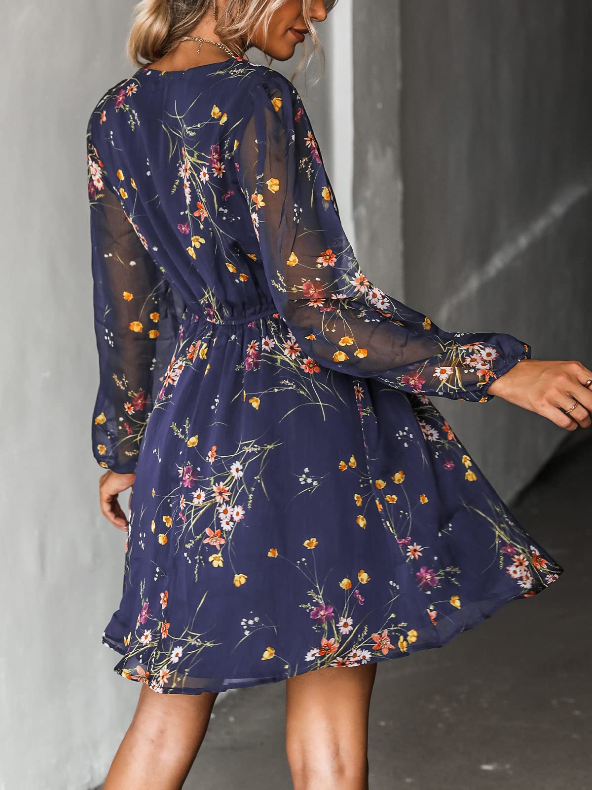 CUPSHE Women's Summer Mini Dress 2026 Floral Long Sleeve V Neck Flowy A Line Wedding Guest Party Short Date Night Looks thumbnail