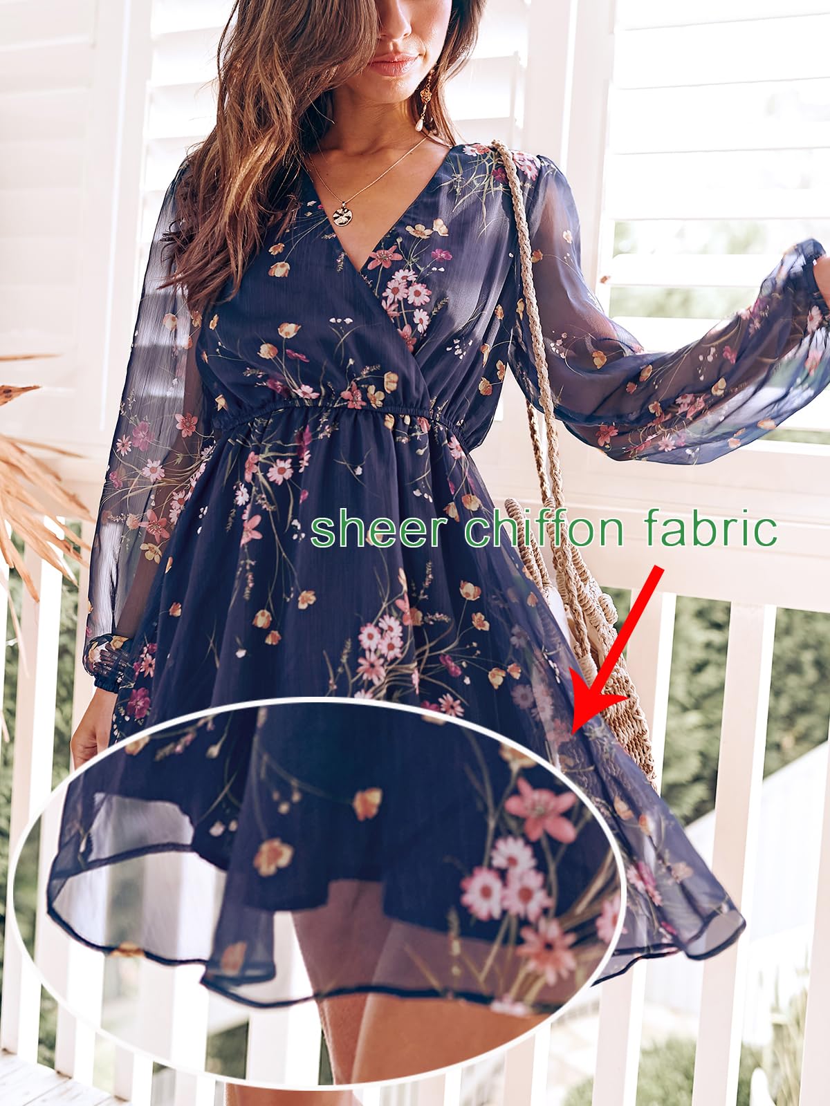 CUPSHE Women's Summer Mini Dress 2026 Floral Long Sleeve V Neck Flowy A Line Wedding Guest Party Short Date Night Looks thumbnail