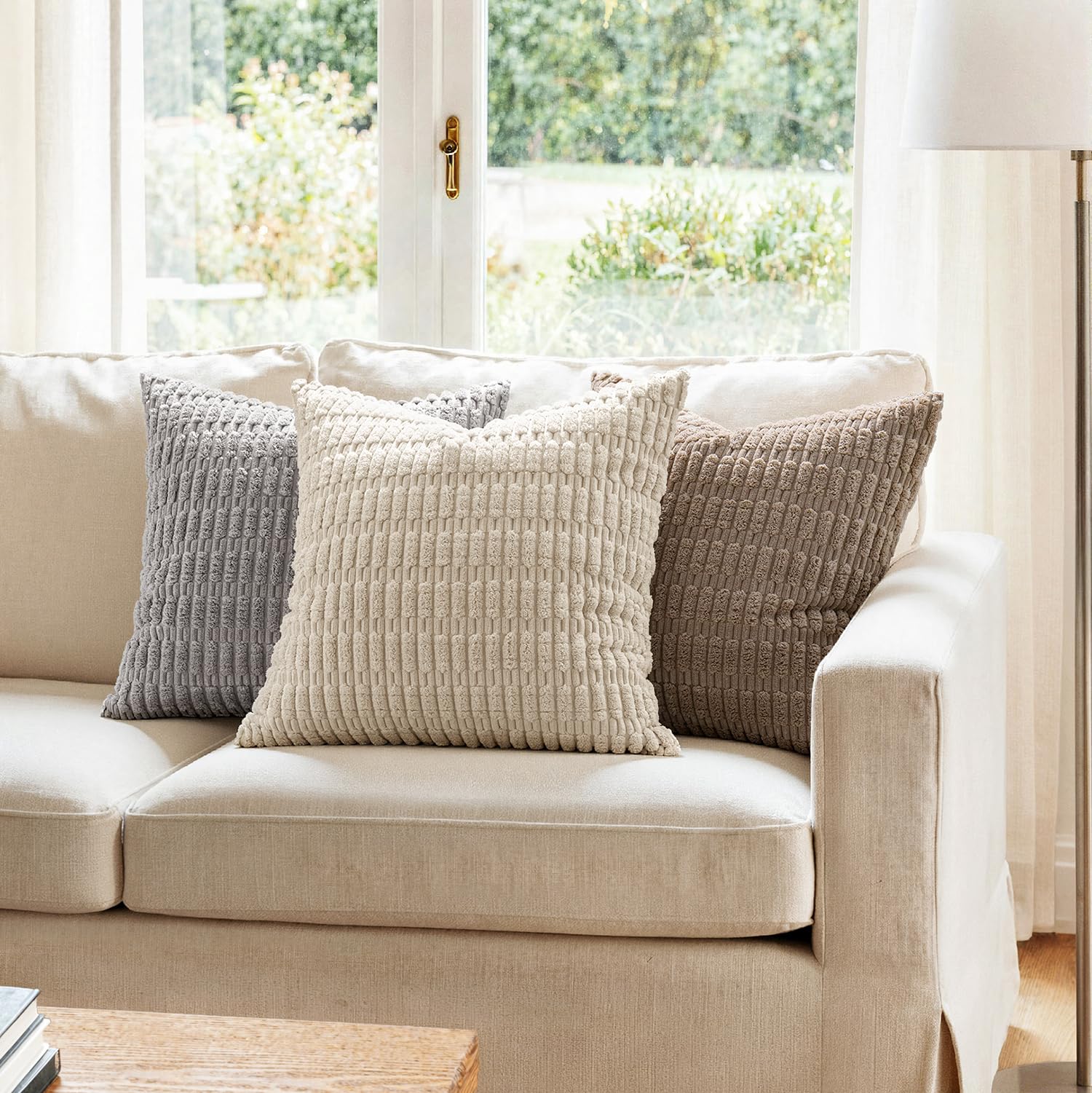 MIULEE Pack of 2 Corduroy Decorative Throw Pillow Covers 18x18 Inch Soft Boho Striped Pillow Covers Modern Farmhouse Home Decor for Sofa Living Room Couch Bed Cream White thumbnail