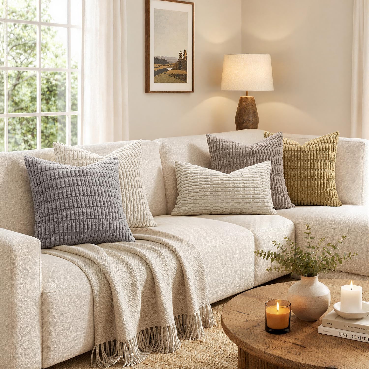 MIULEE Pack of 2 Corduroy Decorative Throw Pillow Covers 18x18 Inch Soft Boho Striped Pillow Covers Modern Farmhouse Home Decor for Sofa Living Room Couch Bed Cream White thumbnail