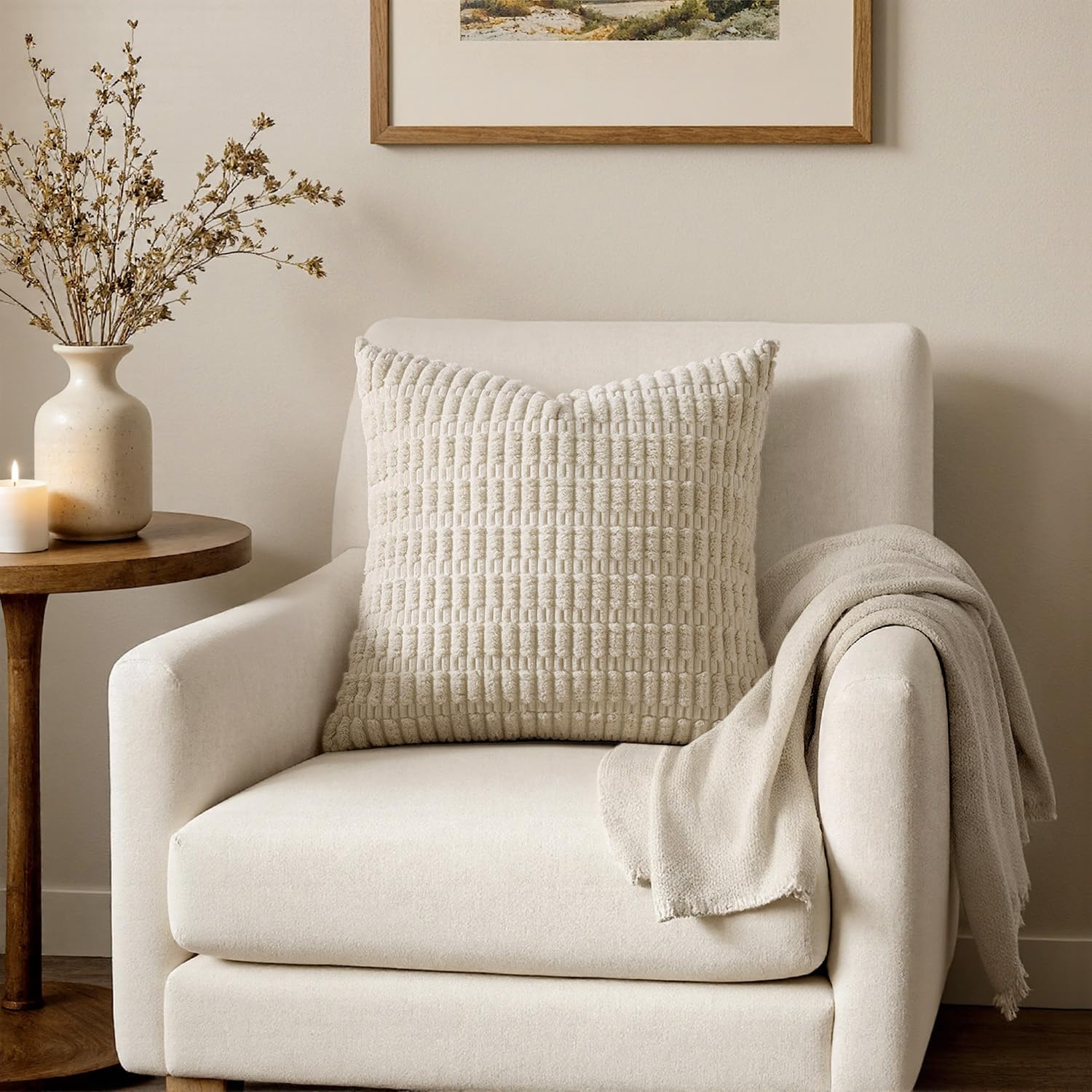 MIULEE Pack of 2 Corduroy Decorative Throw Pillow Covers 18x18 Inch Soft Boho Striped Pillow Covers Modern Farmhouse Home Decor for Sofa Living Room Couch Bed Cream White thumbnail