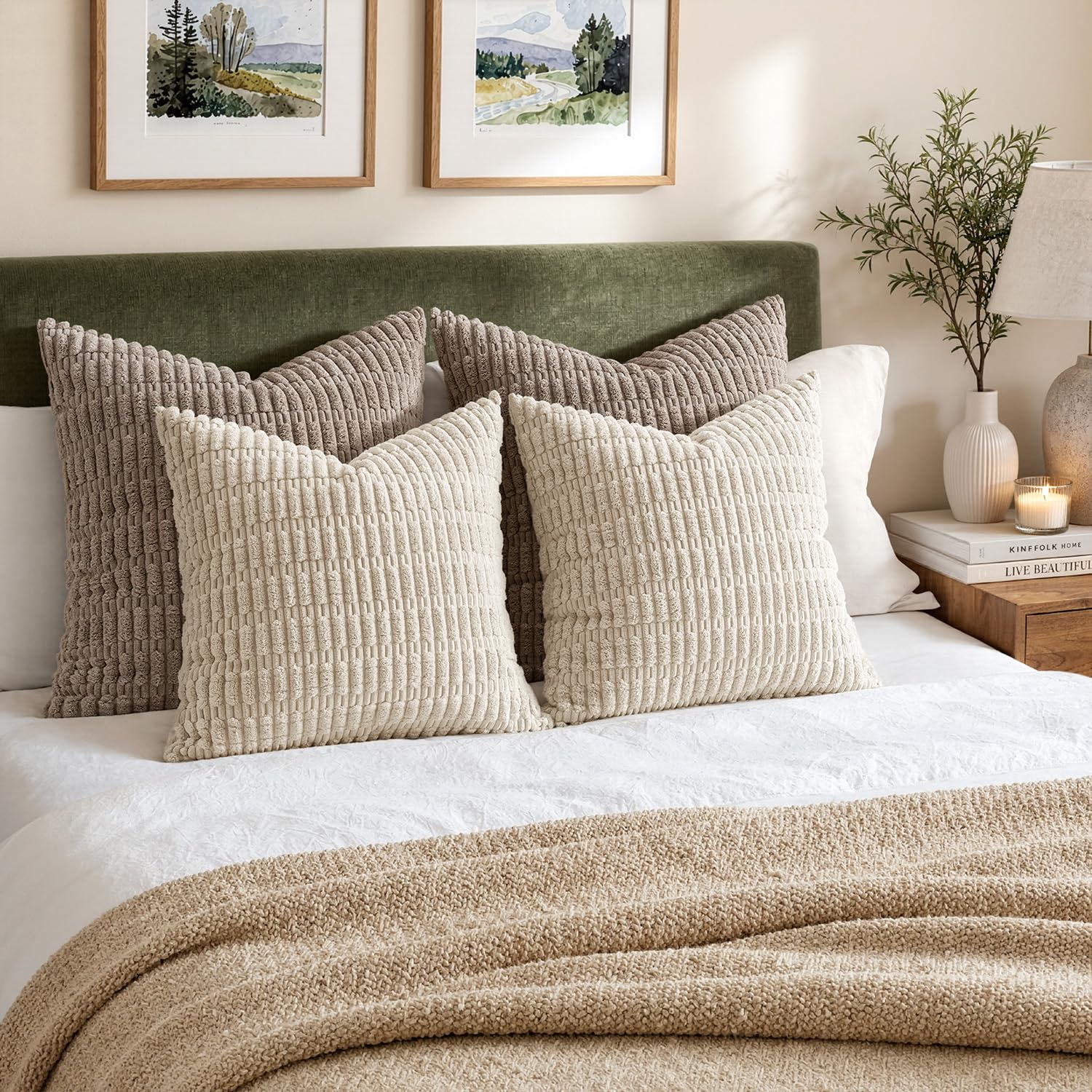 MIULEE Pack of 2 Corduroy Decorative Throw Pillow Covers 18x18 Inch Soft Boho Striped Pillow Covers Modern Farmhouse Home Decor for Sofa Living Room Couch Bed Cream White thumbnail