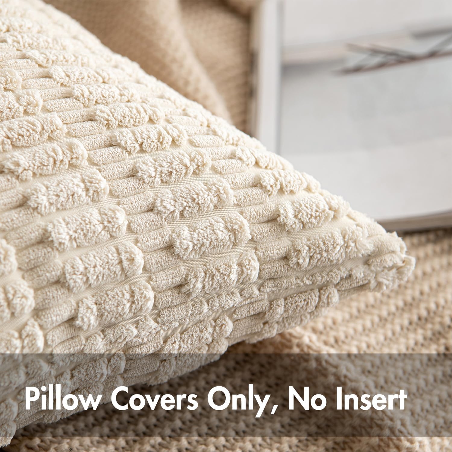 MIULEE Pack of 2 Corduroy Decorative Throw Pillow Covers 18x18 Inch Soft Boho Striped Pillow Covers Modern Farmhouse Home Decor for Sofa Living Room Couch Bed Cream White thumbnail