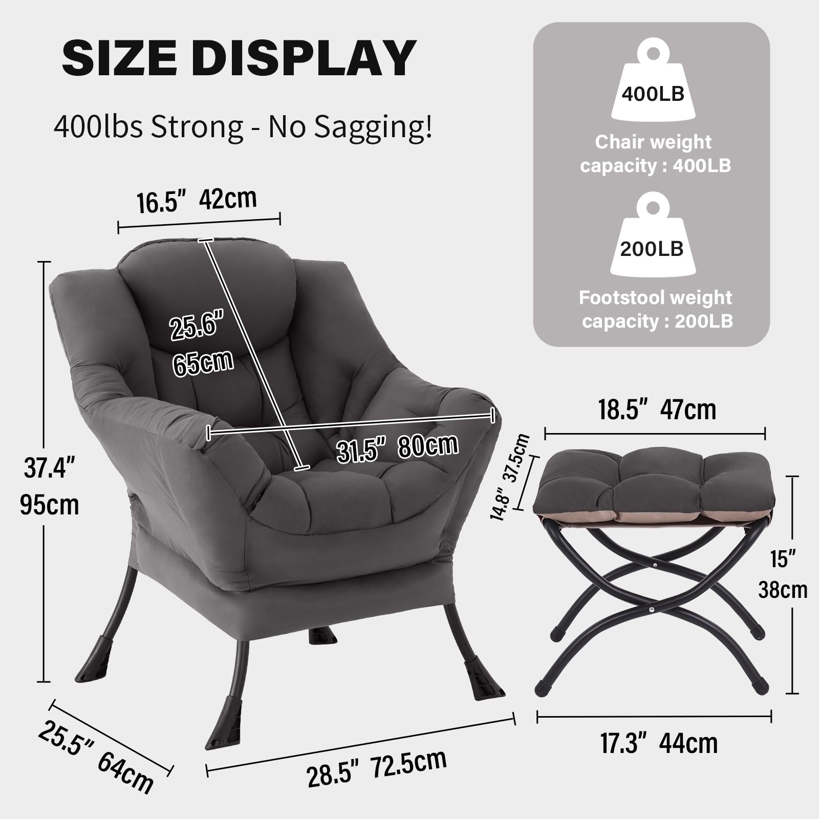 Tiita Lazy Chair with Ottoman, Gray Modern Large Accent Chairs, Comfy Leisure Sofa Armchair with Ottoman, Reading Chair with Footrest for Bedroom, Living Room, Dorm Rooms, Garden Dark Grey thumbnail