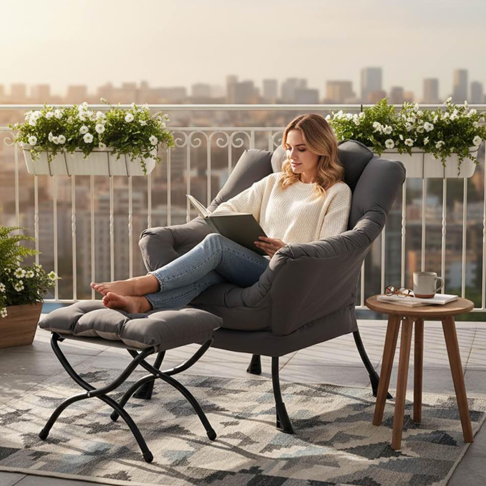 Tiita Lazy Chair with Ottoman, Gray Modern Large Accent Chairs, Comfy Leisure Sofa Armchair with Ottoman, Reading Chair with Footrest for Bedroom, Living Room, Dorm Rooms, Garden Dark Grey thumbnail