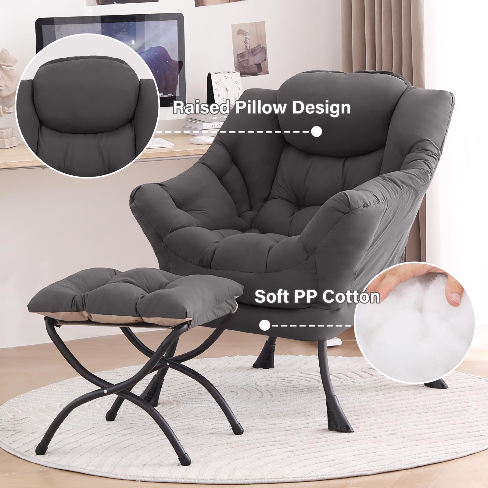 Tiita Lazy Chair with Ottoman, Gray Modern Large Accent Chairs, Comfy Leisure Sofa Armchair with Ottoman, Reading Chair with Footrest for Bedroom, Living Room, Dorm Rooms, Garden Dark Grey thumbnail
