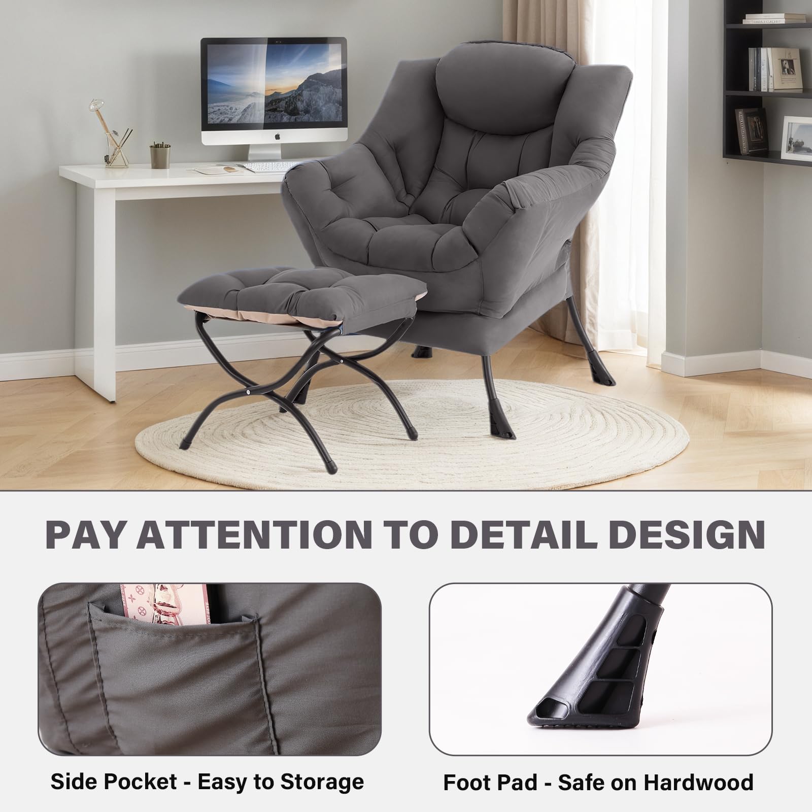 Tiita Lazy Chair with Ottoman, Gray Modern Large Accent Chairs, Comfy Leisure Sofa Armchair with Ottoman, Reading Chair with Footrest for Bedroom, Living Room, Dorm Rooms, Garden Dark Grey thumbnail