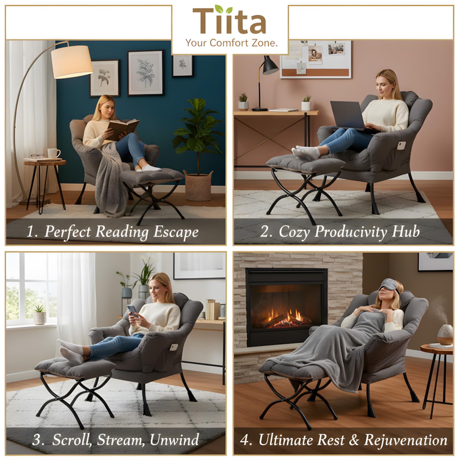Tiita Lazy Chair with Ottoman, Gray Modern Large Accent Chairs, Comfy Leisure Sofa Armchair with Ottoman, Reading Chair with Footrest for Bedroom, Living Room, Dorm Rooms, Garden Dark Grey thumbnail