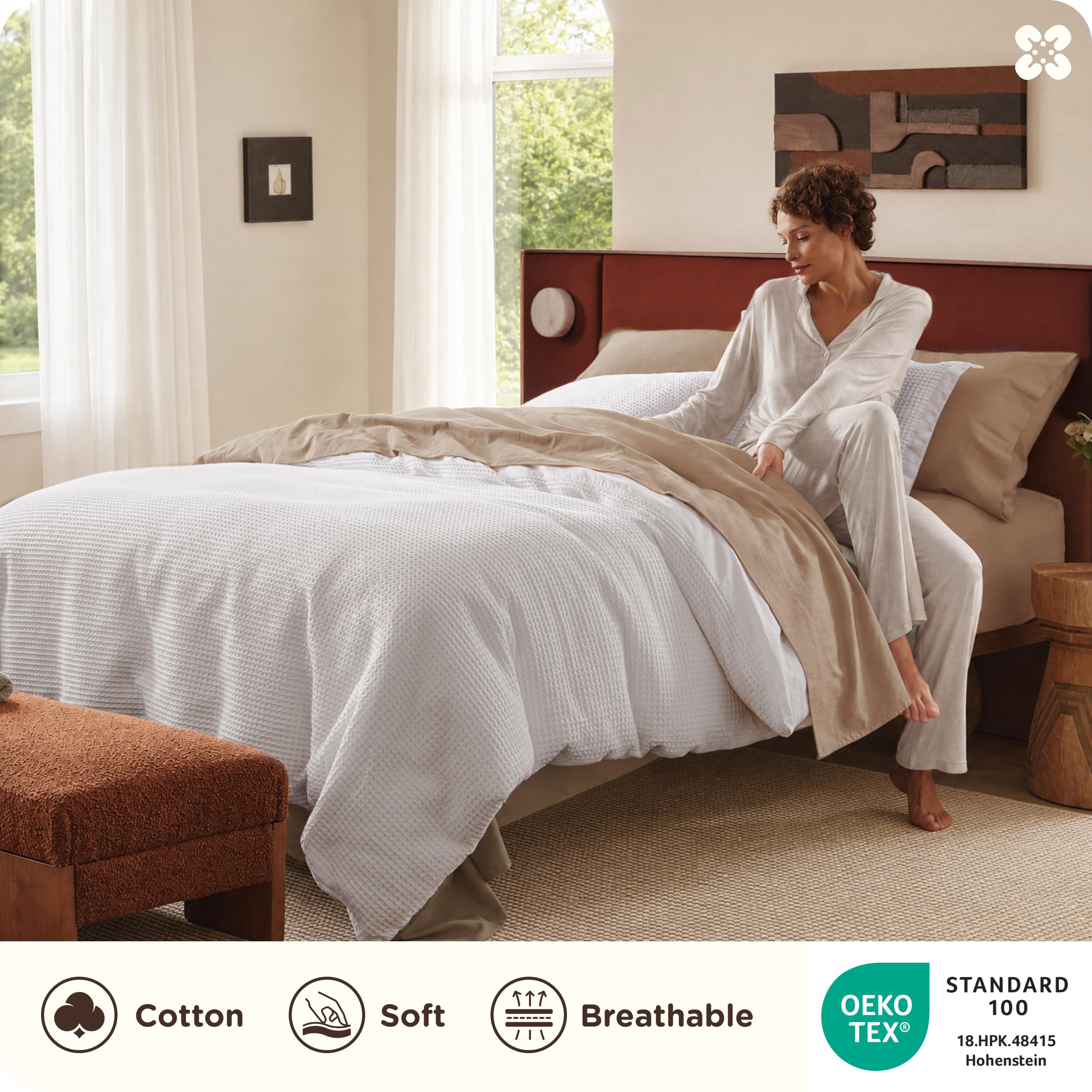 Bedsure PureWoven 3 Pieces 100% Cotton Waffle Weave Duvet Cover Set, Queen thumbnail