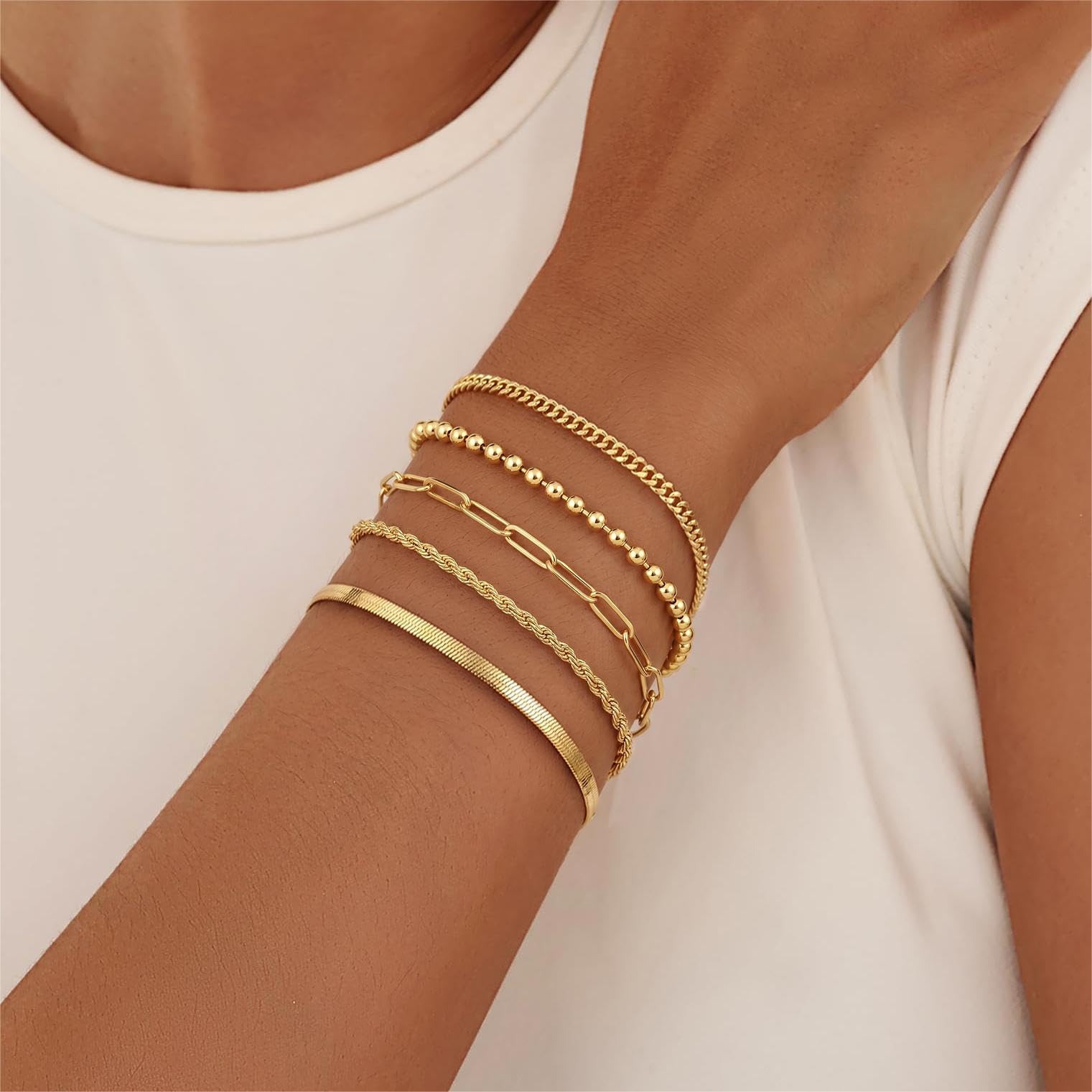 POXTEX 14K Gold Plated Bracelets for Women Waterproof, Non Tarnish Trendy Dainty Minimalist Stackable Jewelry Sets, Herringbone Cuban Paperclip Rope Bead Link Chain Stack Pack, Modern Fashion Accessories Gifts thumbnail