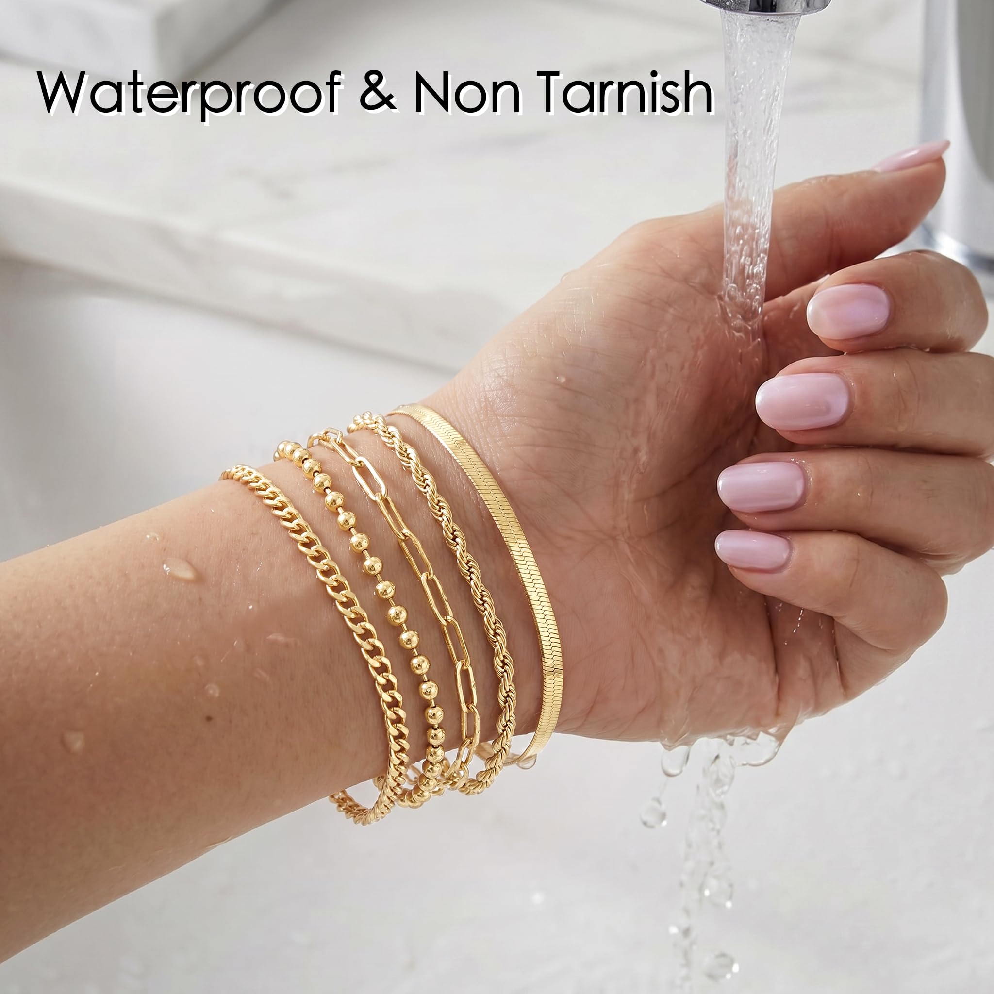 POXTEX 14K Gold Plated Bracelets for Women Waterproof, Non Tarnish Trendy Dainty Minimalist Stackable Jewelry Sets, Herringbone Cuban Paperclip Rope Bead Link Chain Stack Pack, Modern Fashion Accessories Gifts thumbnail