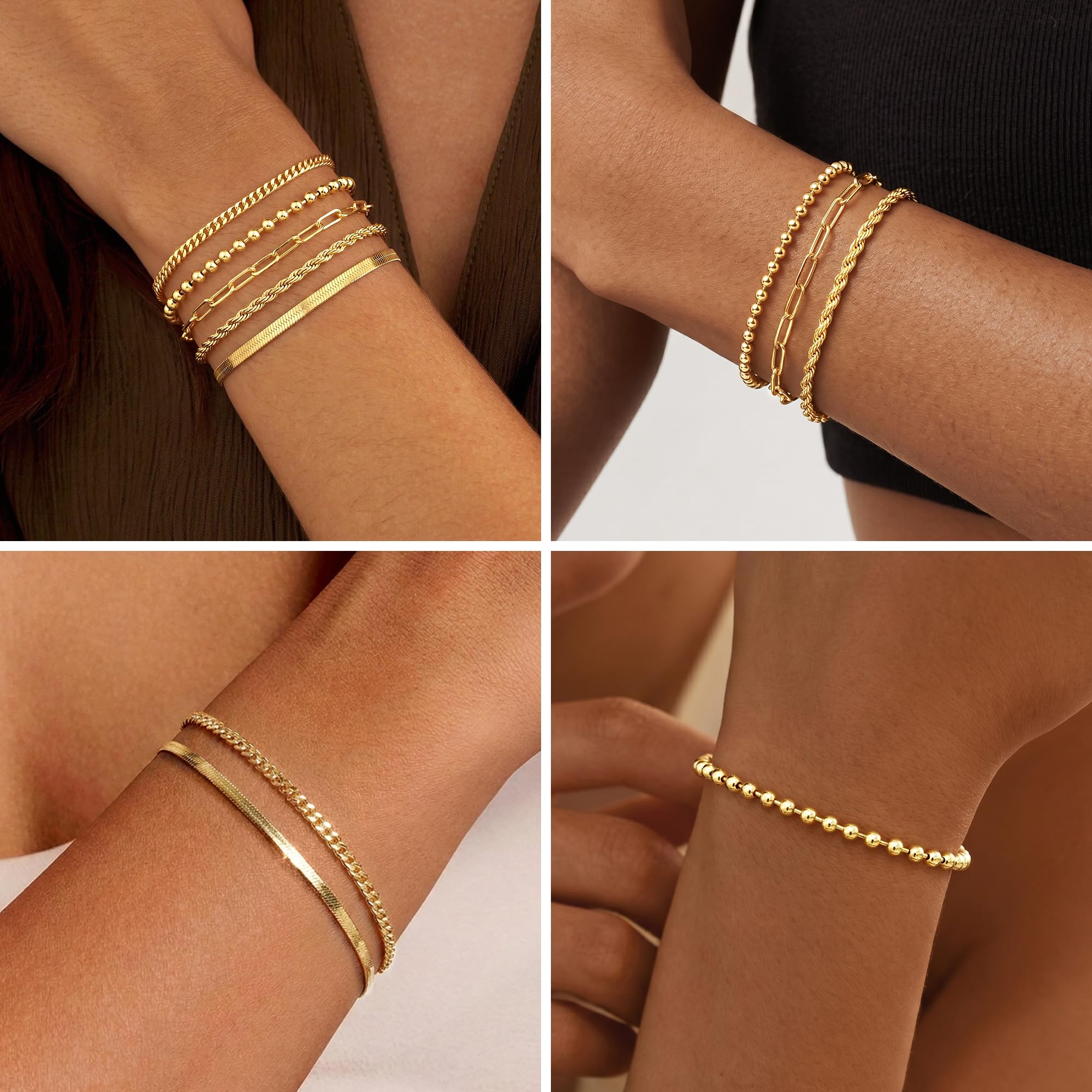 POXTEX 14K Gold Plated Bracelets for Women Waterproof, Non Tarnish Trendy Dainty Minimalist Stackable Jewelry Sets, Herringbone Cuban Paperclip Rope Bead Link Chain Stack Pack, Modern Fashion Accessories Gifts thumbnail