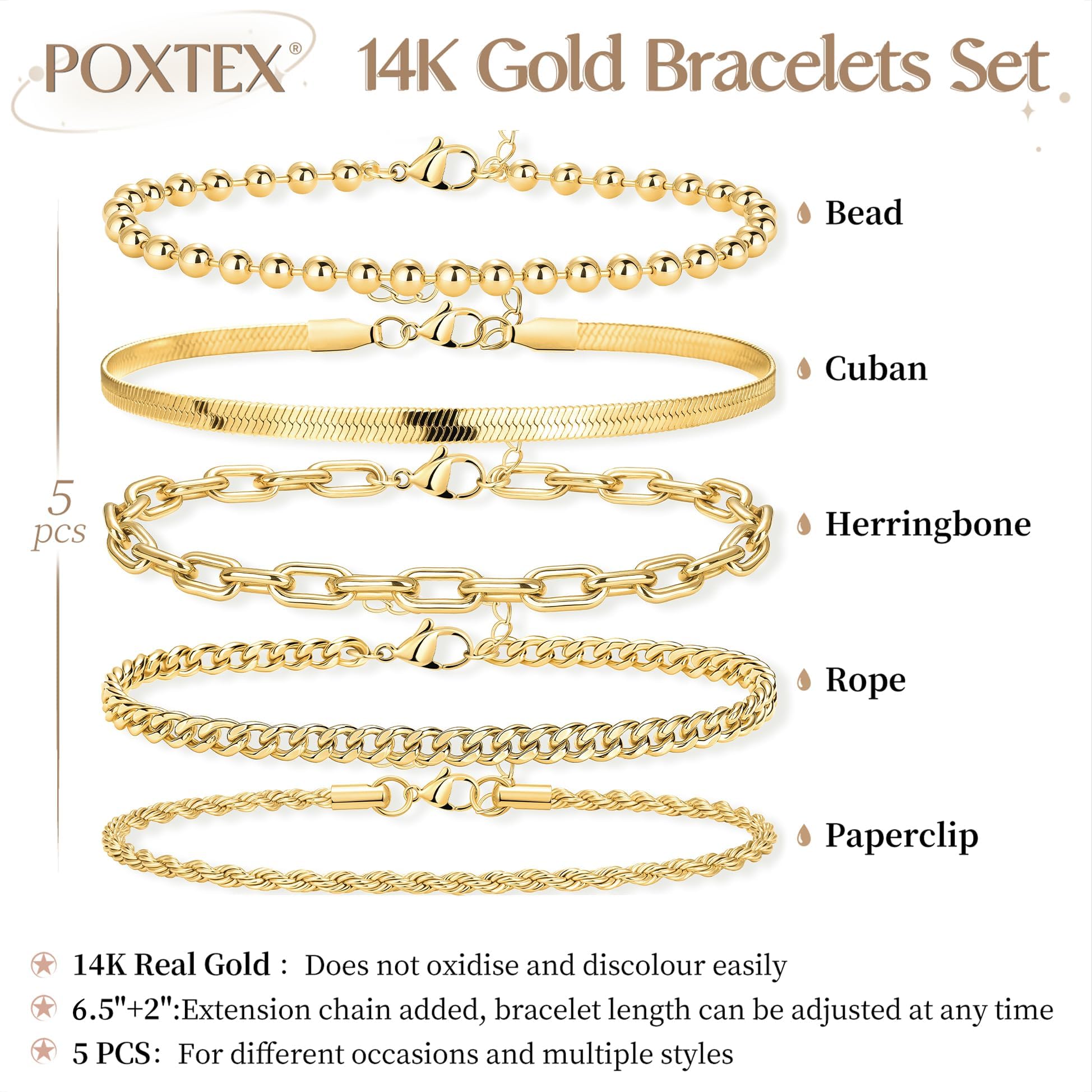 POXTEX 14K Gold Plated Bracelets for Women Waterproof, Non Tarnish Trendy Dainty Minimalist Stackable Jewelry Sets, Herringbone Cuban Paperclip Rope Bead Link Chain Stack Pack, Modern Fashion Accessories Gifts thumbnail