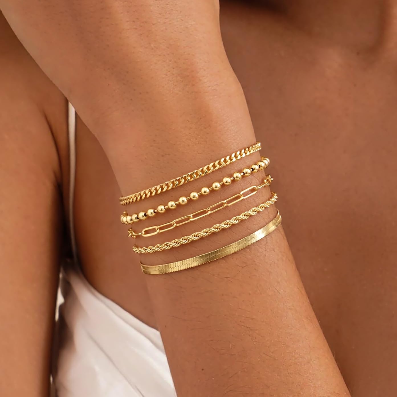 POXTEX 14K Gold Plated Bracelets for Women Waterproof, Non Tarnish Trendy Dainty Minimalist Stackable Jewelry Sets, Herringbone Cuban Paperclip Rope Bead Link Chain Stack Pack, Modern Fashion Accessories Gifts thumbnail