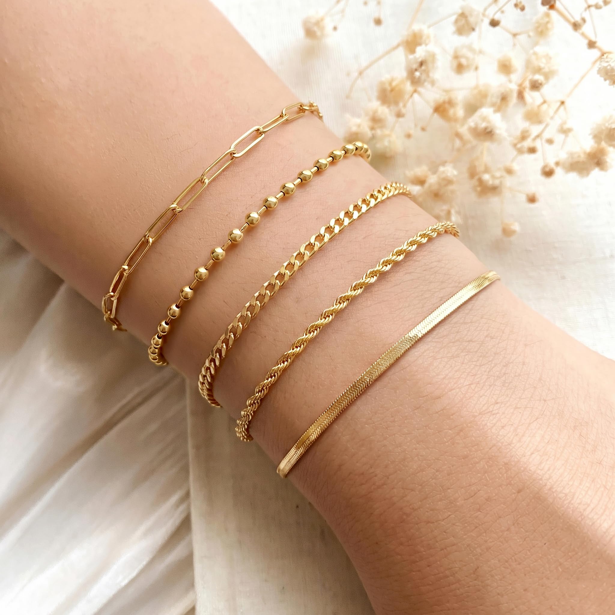 POXTEX 14K Gold Plated Bracelets for Women Waterproof, Non Tarnish Trendy Dainty Minimalist Stackable Jewelry Sets, Herringbone Cuban Paperclip Rope Bead Link Chain Stack Pack, Modern Fashion Accessories Gifts thumbnail