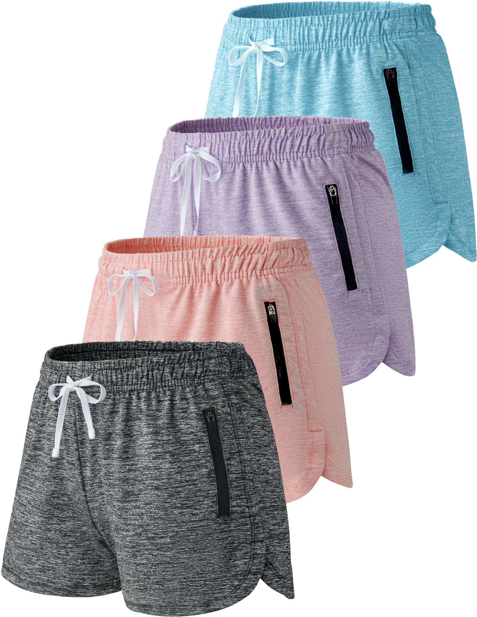 Liberty Imports 4 Pack Youth Girls Athletic Shorts with Zipper Pockets | Active Gym Shorts, 3" Inseam, Quick Dry, for Kids, Teens, Running Soccer