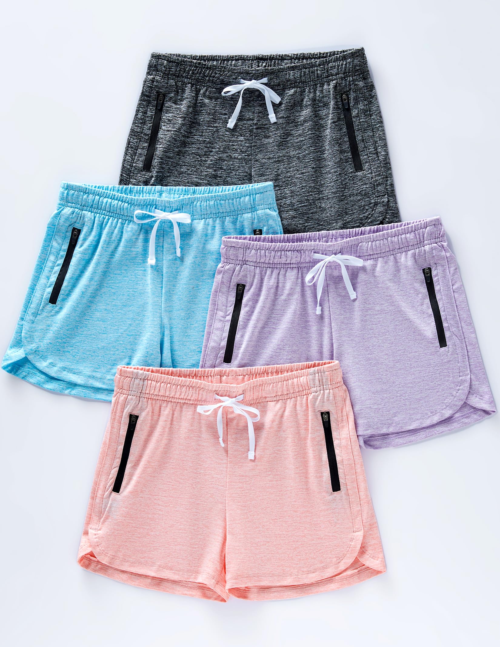 Liberty Imports 4 Pack Youth Girls Athletic Shorts with Zipper Pockets | Active Gym Shorts, 3" Inseam, Quick Dry, for Kids, Teens, Running Soccer thumbnail