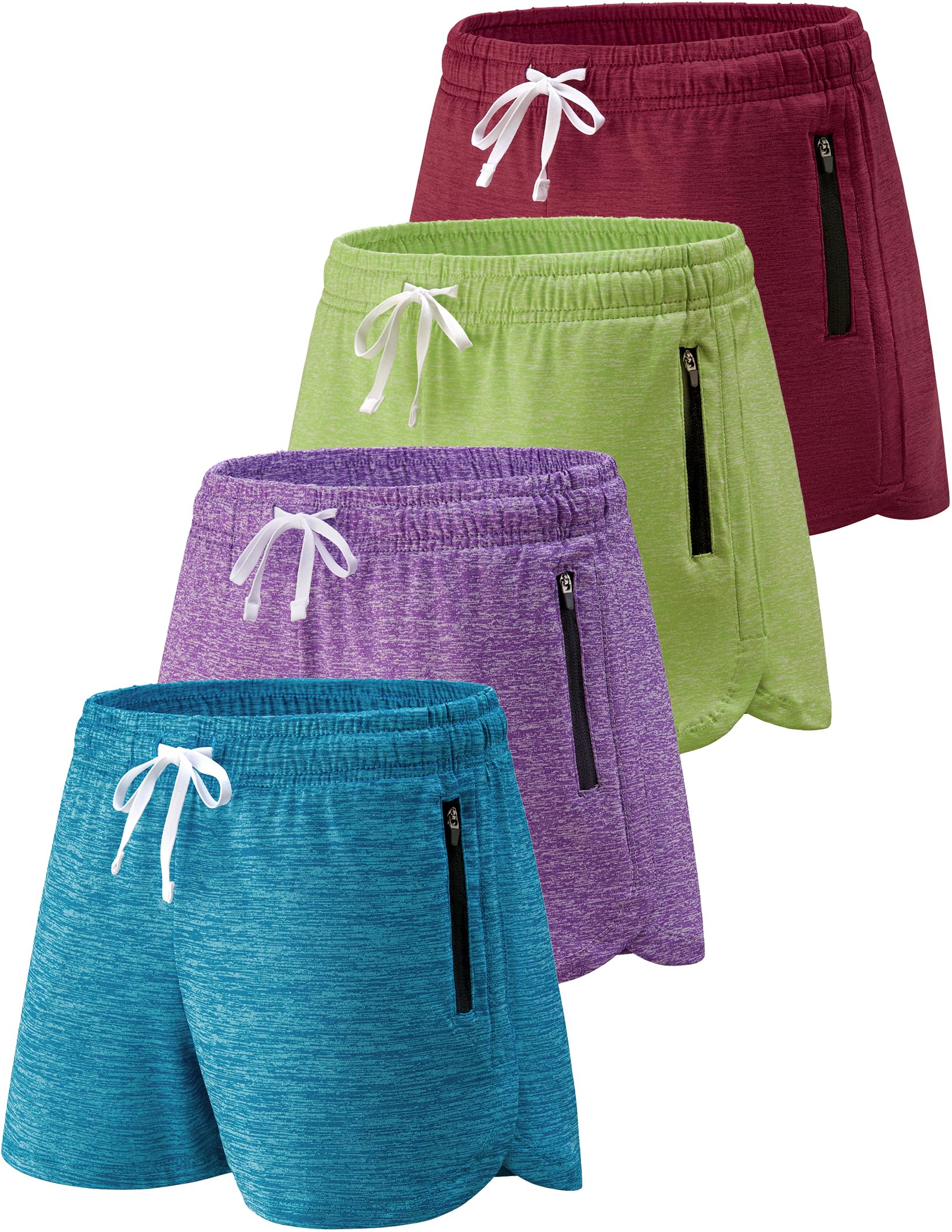 Liberty Imports 4 Pack Youth Girls Athletic Shorts with Zipper Pockets | Active Gym Shorts, 3" Inseam, Quick Dry, for Kids, Teens, Running Soccer thumbnail